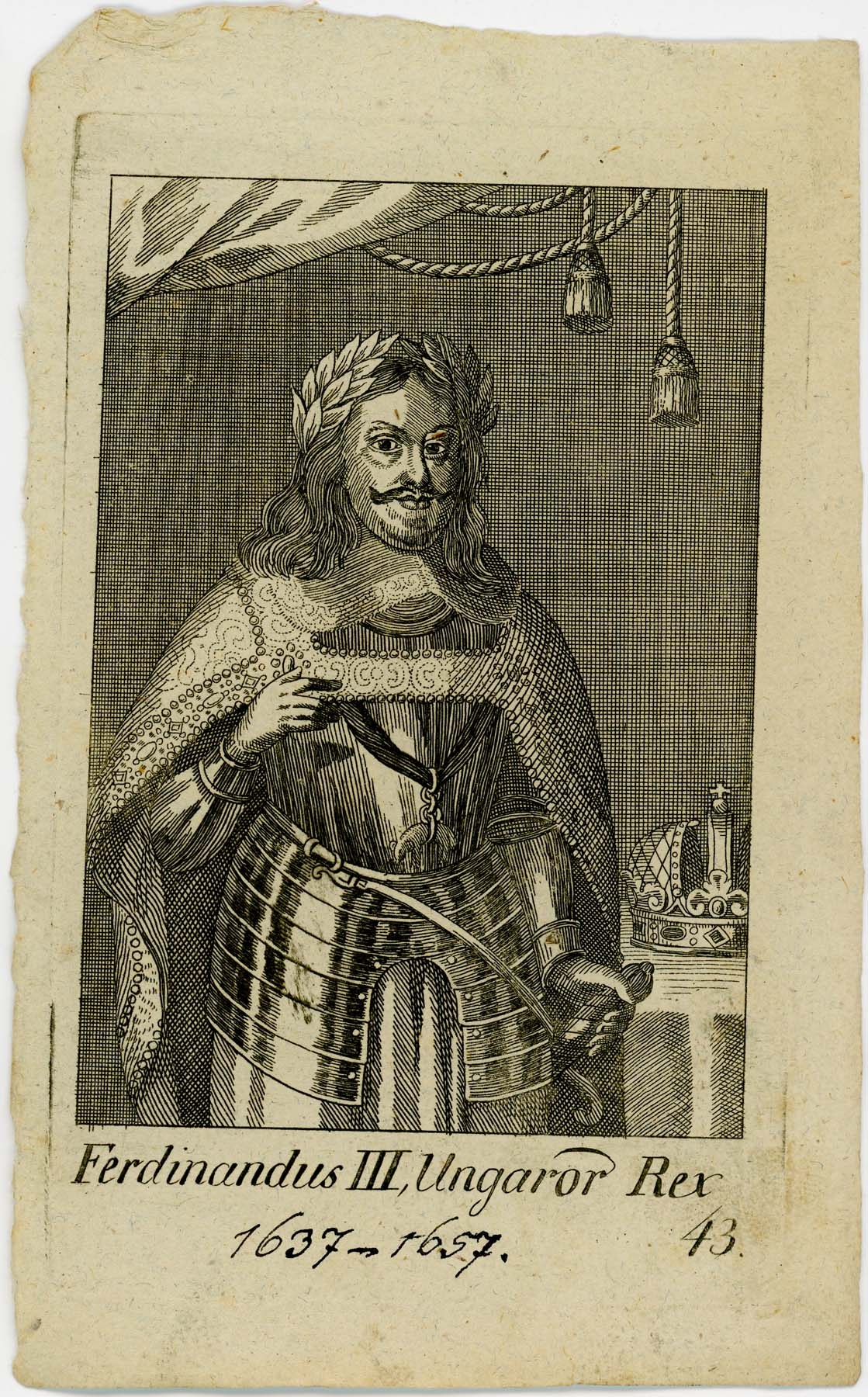 Magyar uralkodók arcképsorozat 11-18.sz., ungarorum rex 43. ferdinánd iii. 1637-1657 (Pannonhalma Főapátsági Múzeum CC BY-NC-SA)