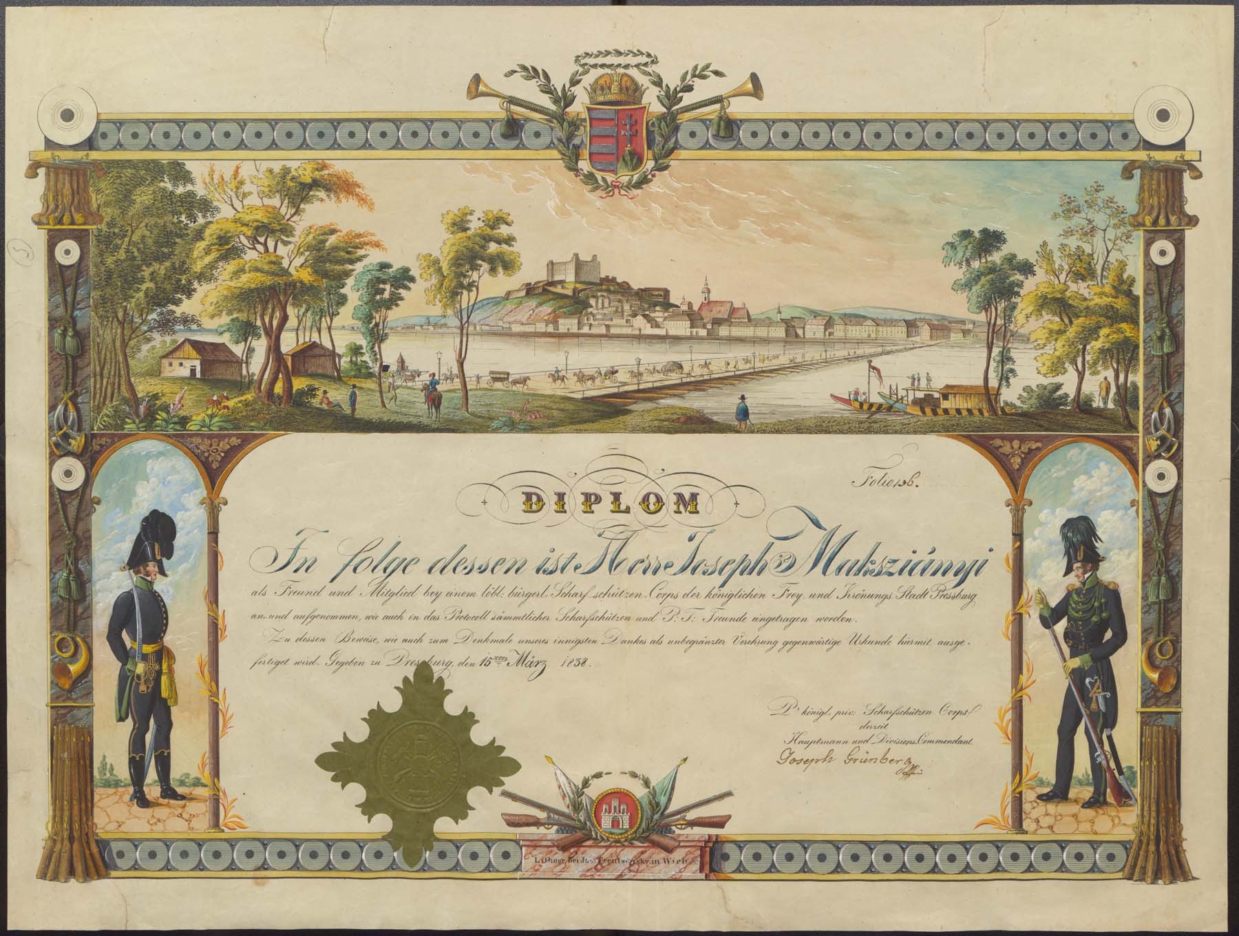 Maksziányi József lövészegyleti diplomája Pozsony látképével, 1838 (Pannonhalma Főapátsági Múzeum CC BY-NC-SA)