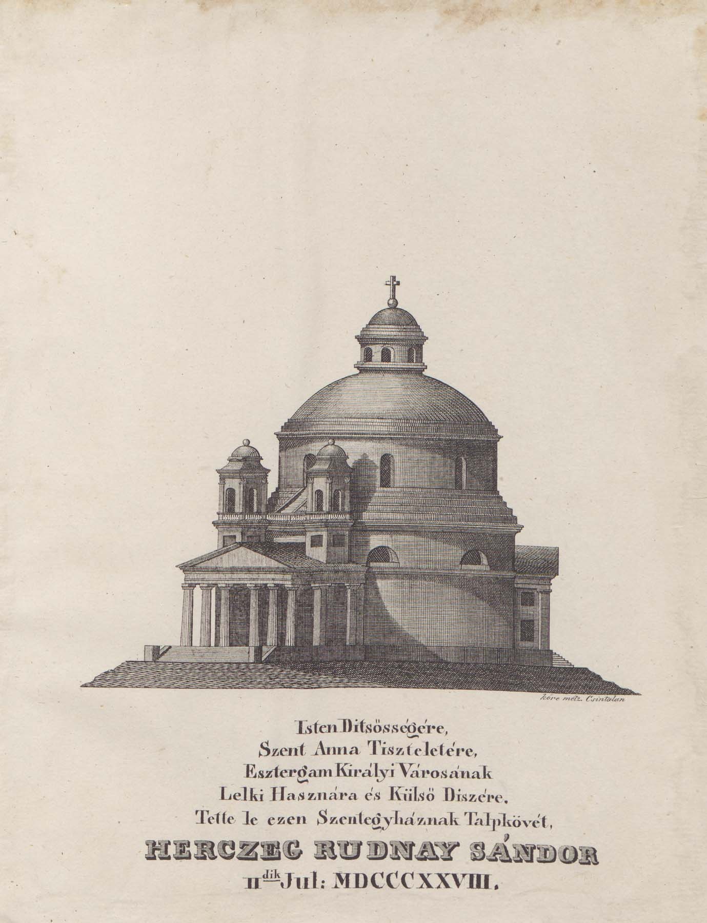 Az esztergomi Szt. Anna templom alapkőletételének emléklapja, 1828.júl.2 (Pannonhalma Főapátsági Múzeum CC BY-NC-SA)