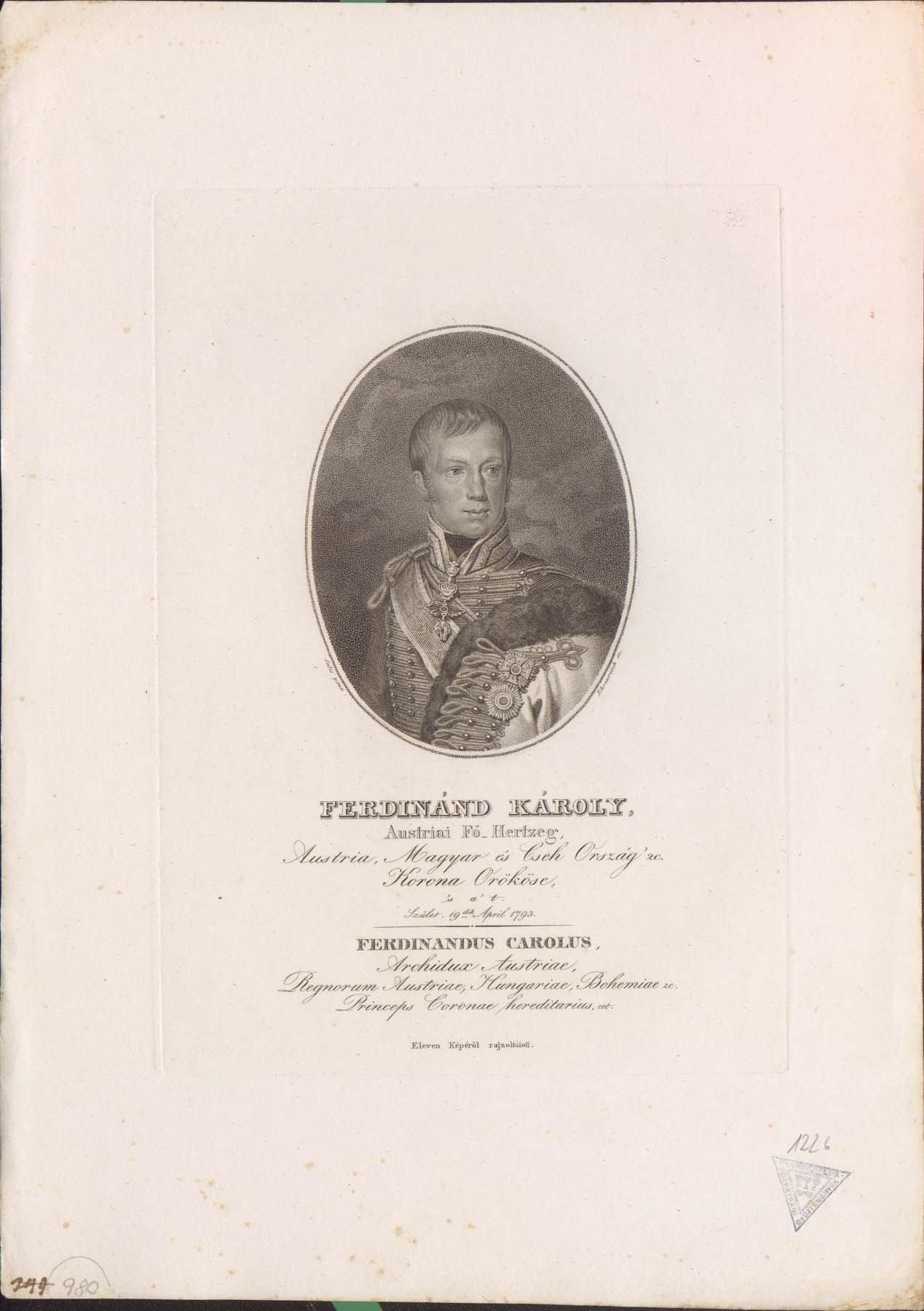 Ferdinánd Károly főherceg  1793-1875 (Pannonhalma Főapátsági Múzeum CC BY-NC-SA)