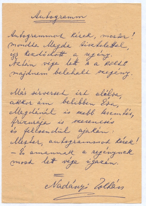 Nadányi Zoltán Autogram c. verse (Bihari Múzeum és Sinka István Városi Könyvtár CC BY-NC-SA)
