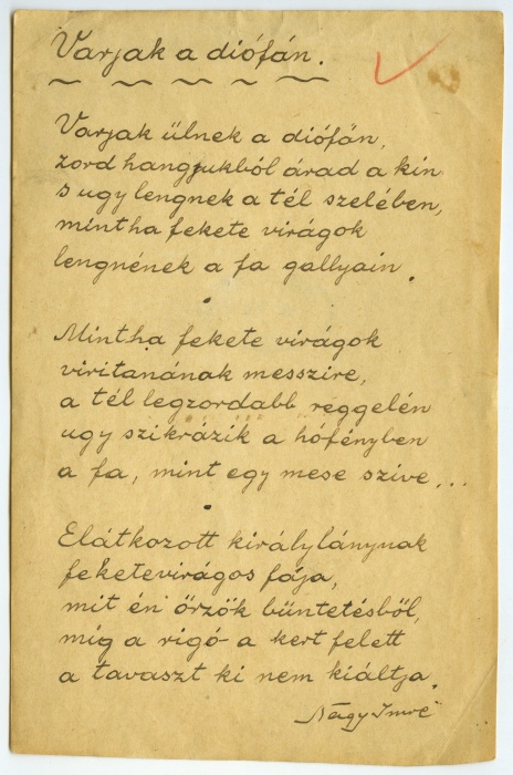 Nagy Imre Varjak a diófán c. verse (Bihari Múzeum és Sinka István Városi Könyvtár CC BY-NC-SA)