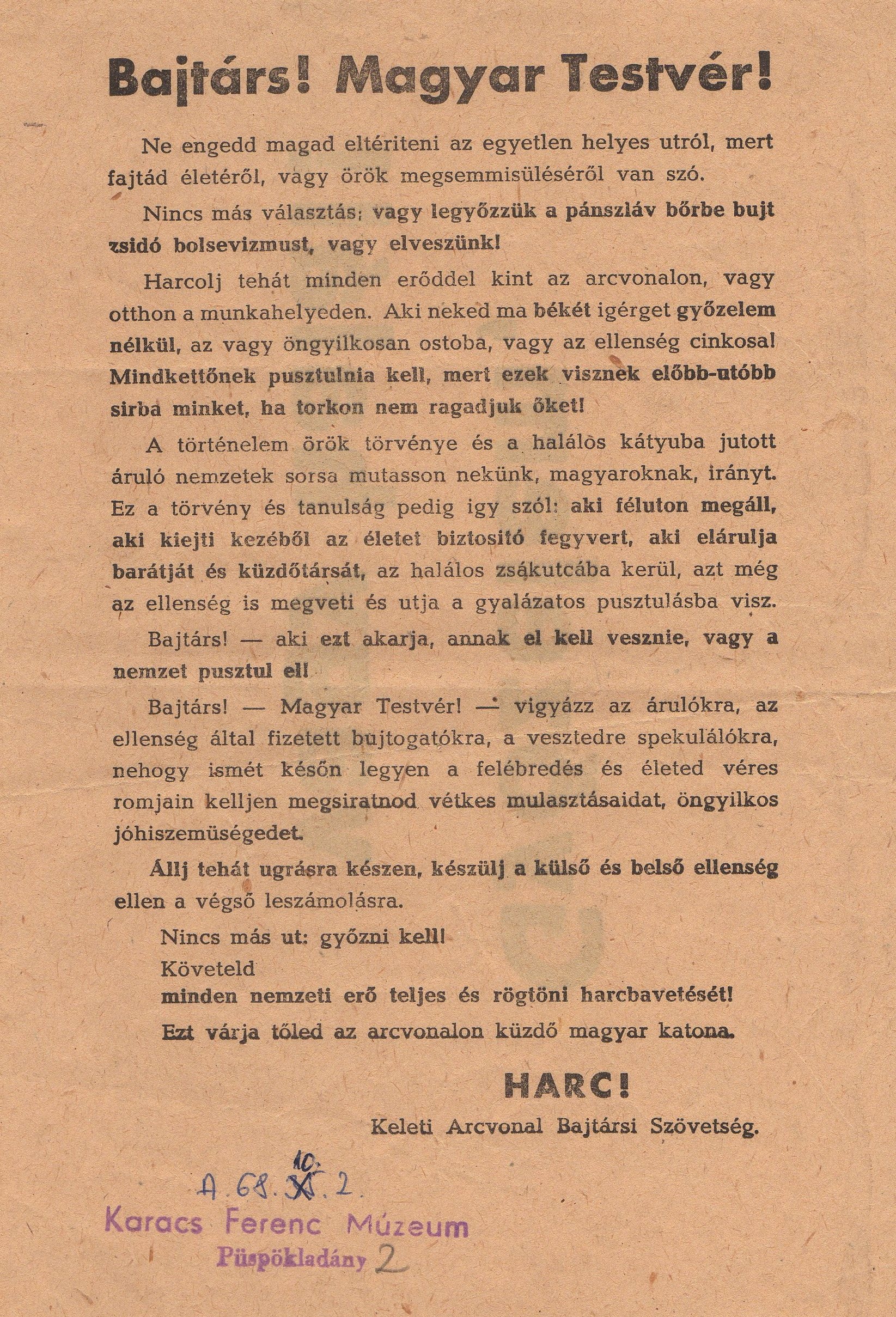 Uszító röplap 1944-ből (Karacs Ferenc Múzeum, Püspökladány CC BY-NC-SA)