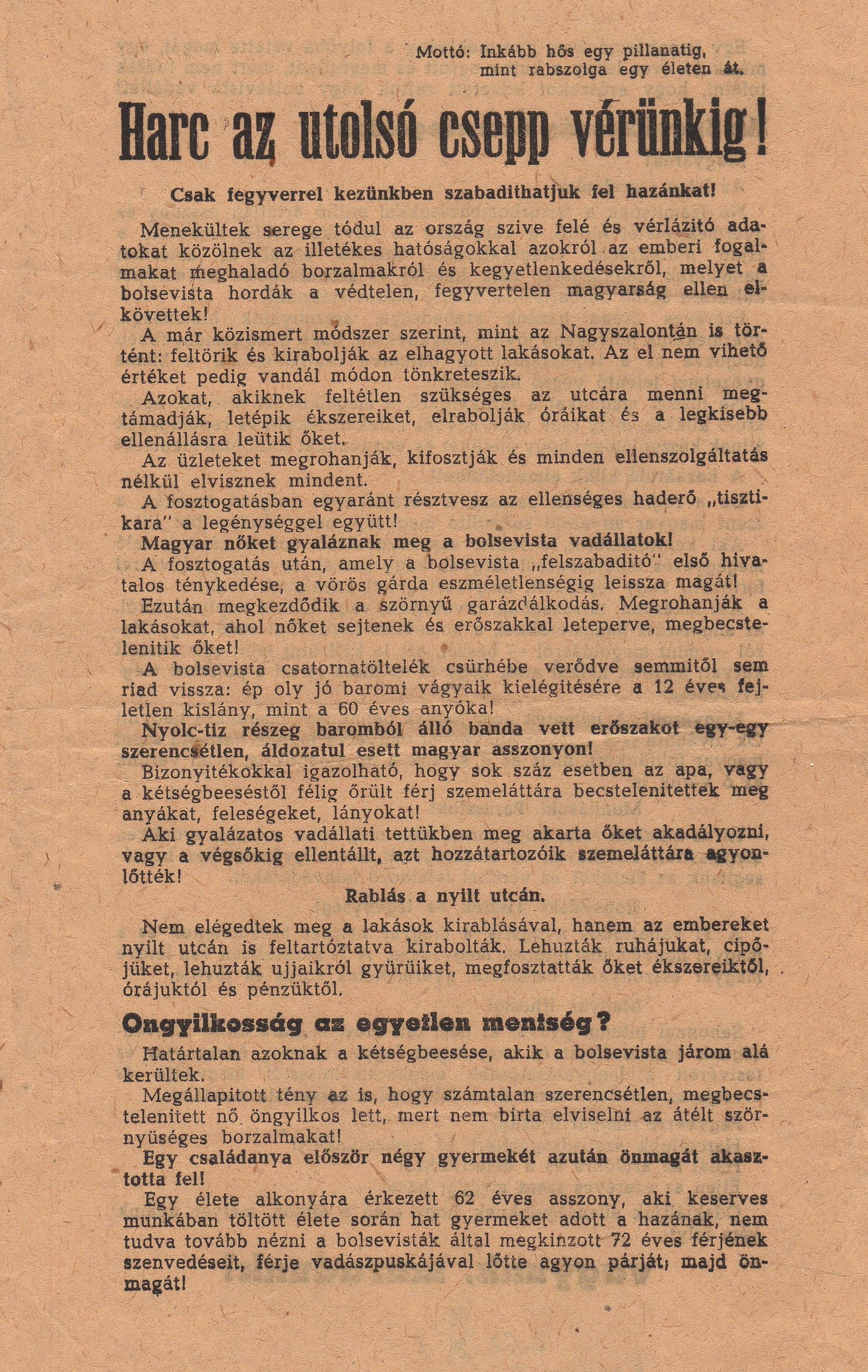 Uszító röplap 1944-ből (Karacs Ferenc Múzeum, Püspökladány CC BY-NC-SA)