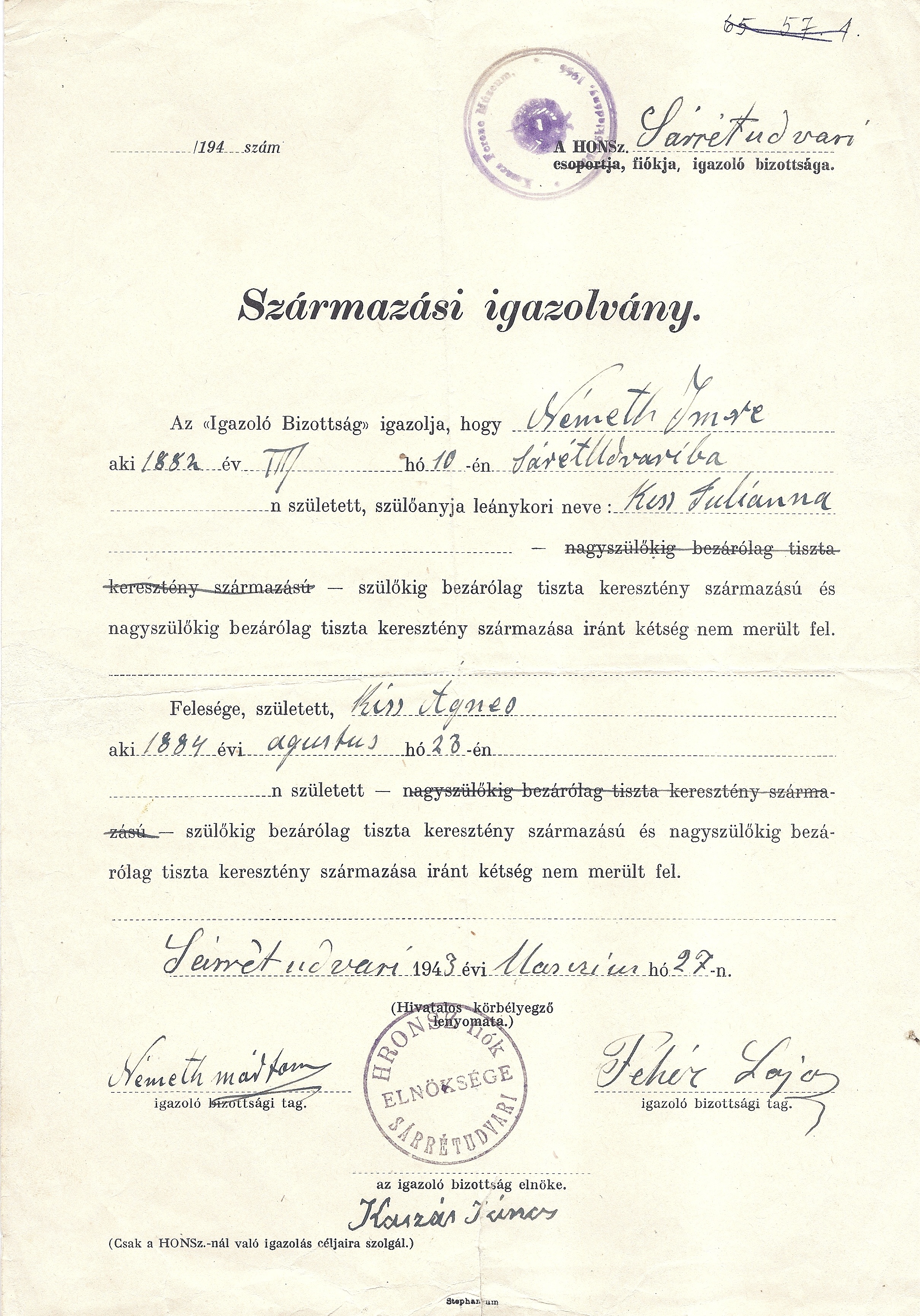 Származási igazolvány 1943-ból (Karacs Ferenc Múzeum, Püspökladány CC BY-NC-SA)