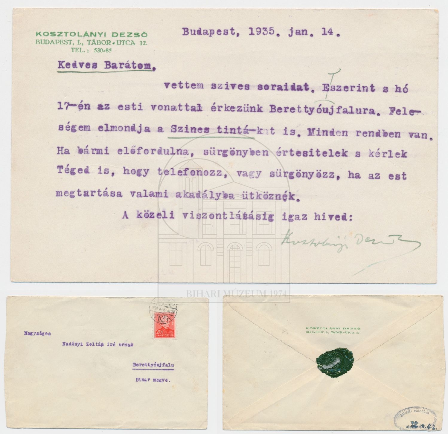 Kosztolányi Dezső levele Nadányi Zoltánnak, 1935. jan. 14. (Bihari Múzeum CC BY-NC-SA)