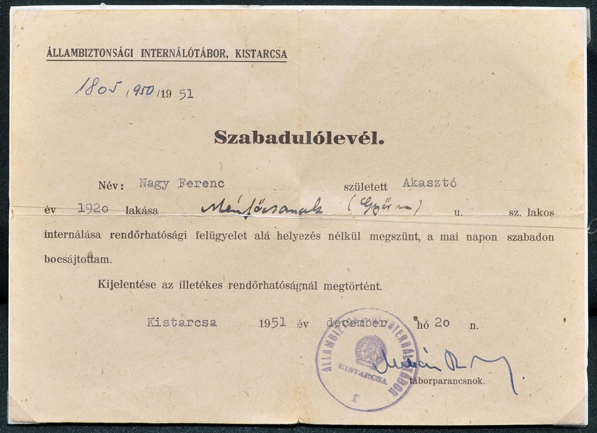 Nagy Ferenc szabadulólevele (Számontartva kiállítás CC BY-NC-SA)