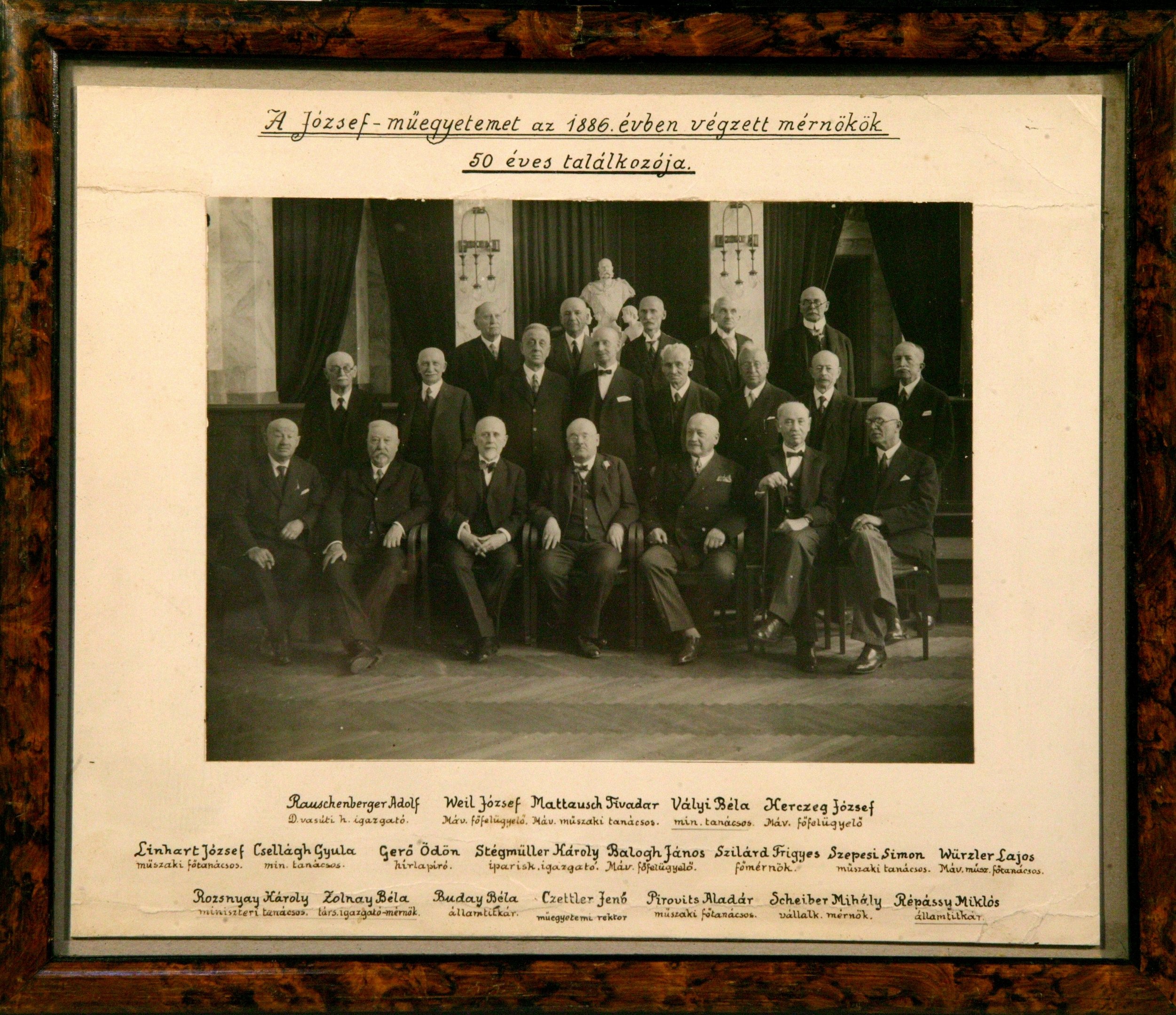 A József Műegyetemet az 1886. évben végzett mérnökök 50 éves találkozója (Magyar Környezetvédelmi és Vízügyi Múzeum - Duna Múzeum CC BY-NC-SA)