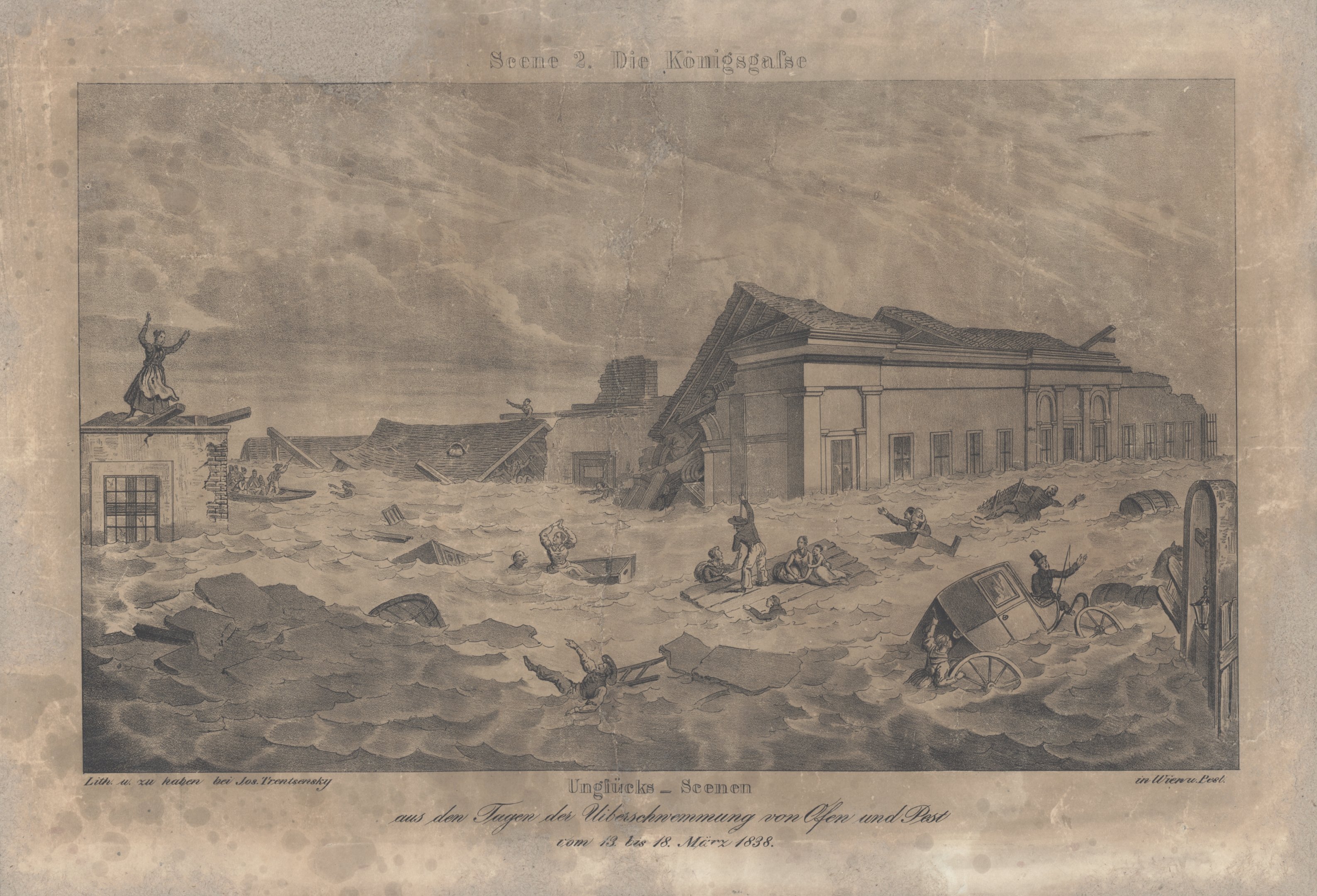 1838. évi árvíz Pest-Budán - A pesti Király utca látképe az árvíz idején (Magyar Környezetvédelmi és Vízügyi Múzeum - Duna Múzeum CC BY-NC-SA)
