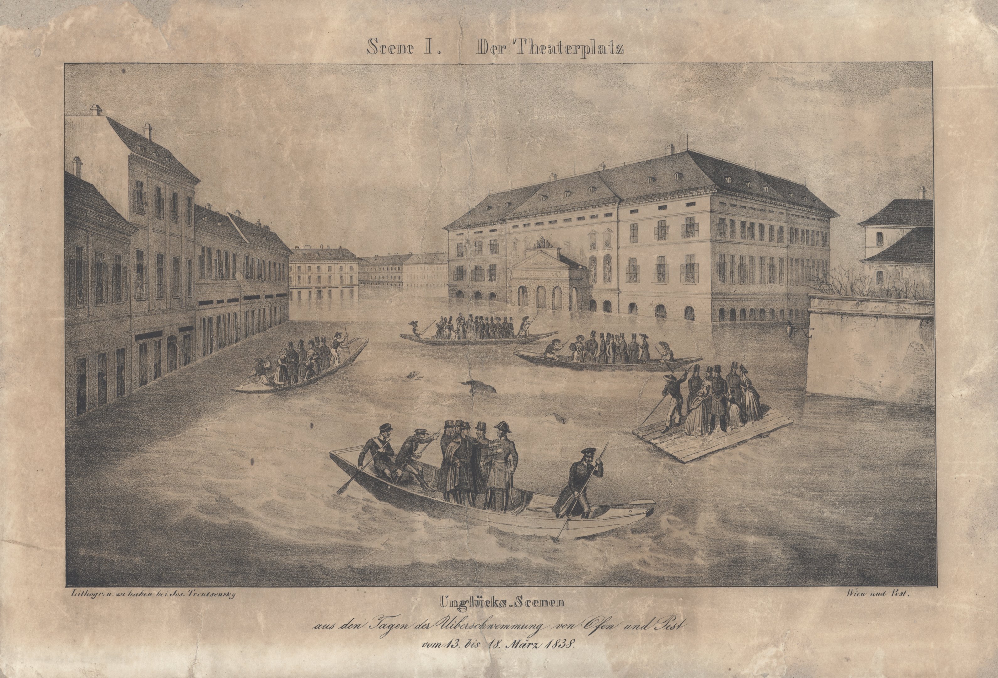 1838. évi árvíz Pest-Budán - A német színház épülete az árvíz idején (Magyar Környezetvédelmi és Vízügyi Múzeum - Duna Múzeum CC BY-NC-SA)