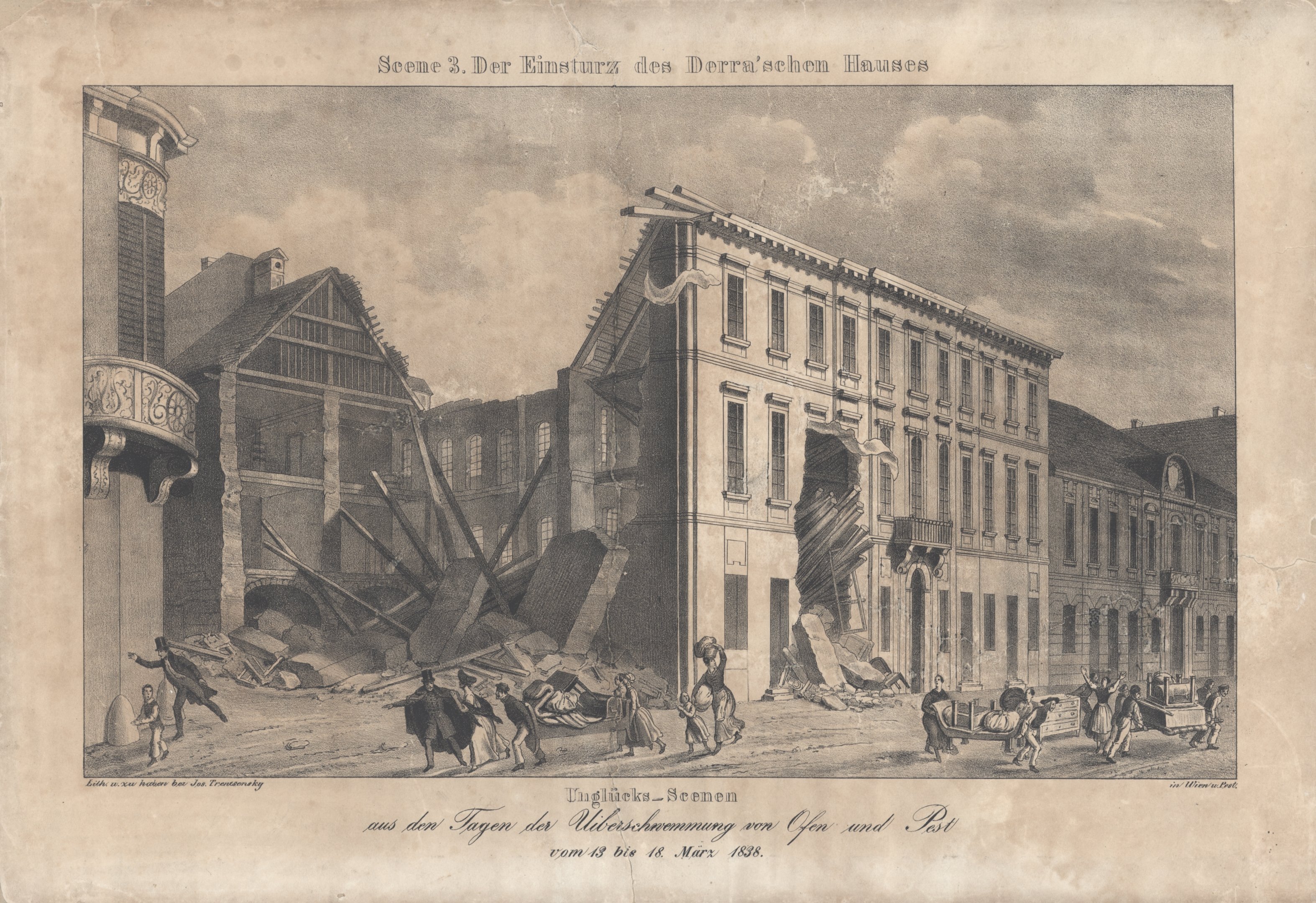 1838. évi árvíz Pest-Budán - Az összeomlott Derra-ház az árvíz után (Magyar Környezetvédelmi és Vízügyi Múzeum - Duna Múzeum CC BY-NC-SA)