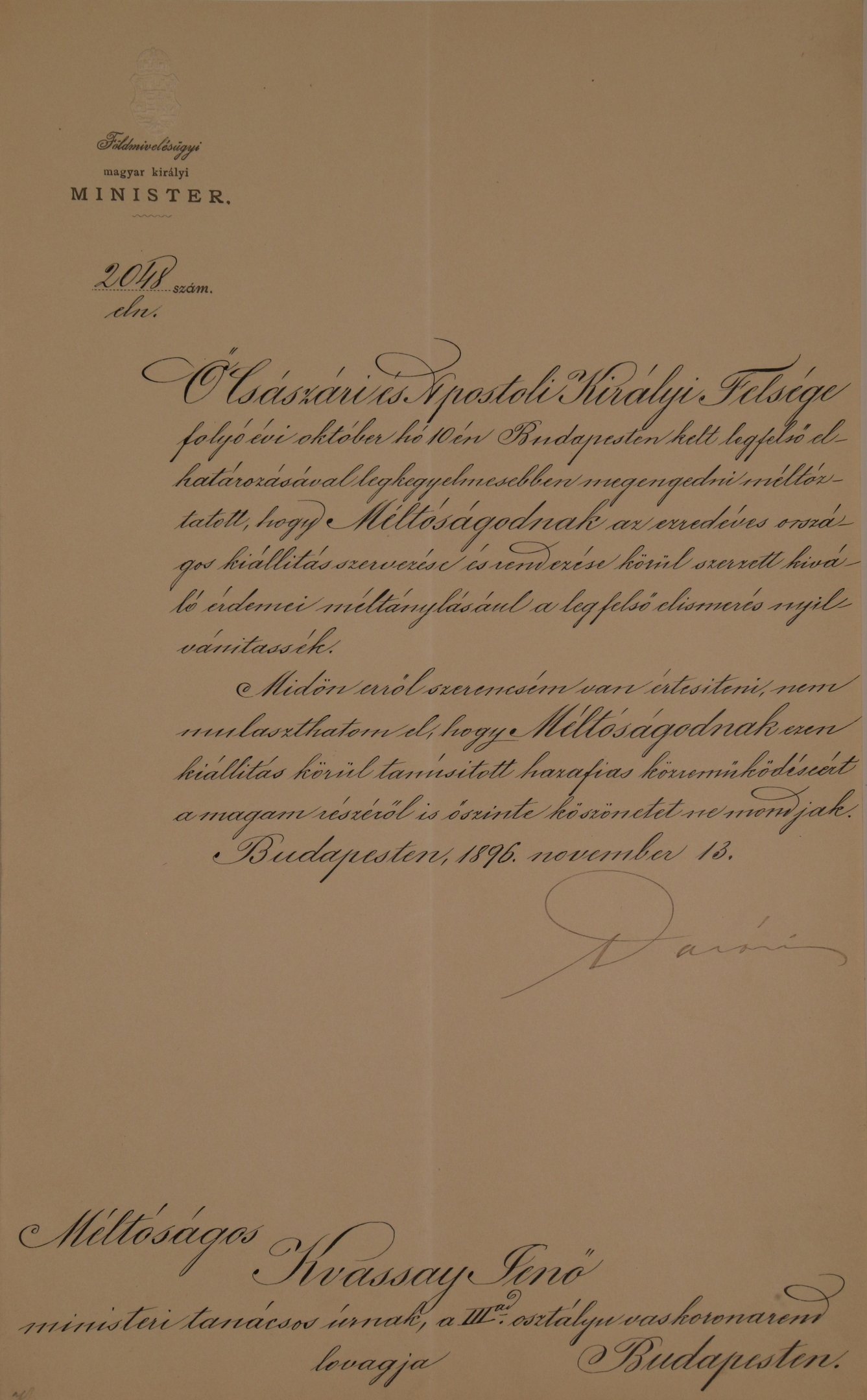 Darányi Ignác miniszter Kvassay Jenőnek írott levele (Magyar Környezetvédelmi és Vízügyi Múzeum - Duna Múzeum CC BY-NC-SA)