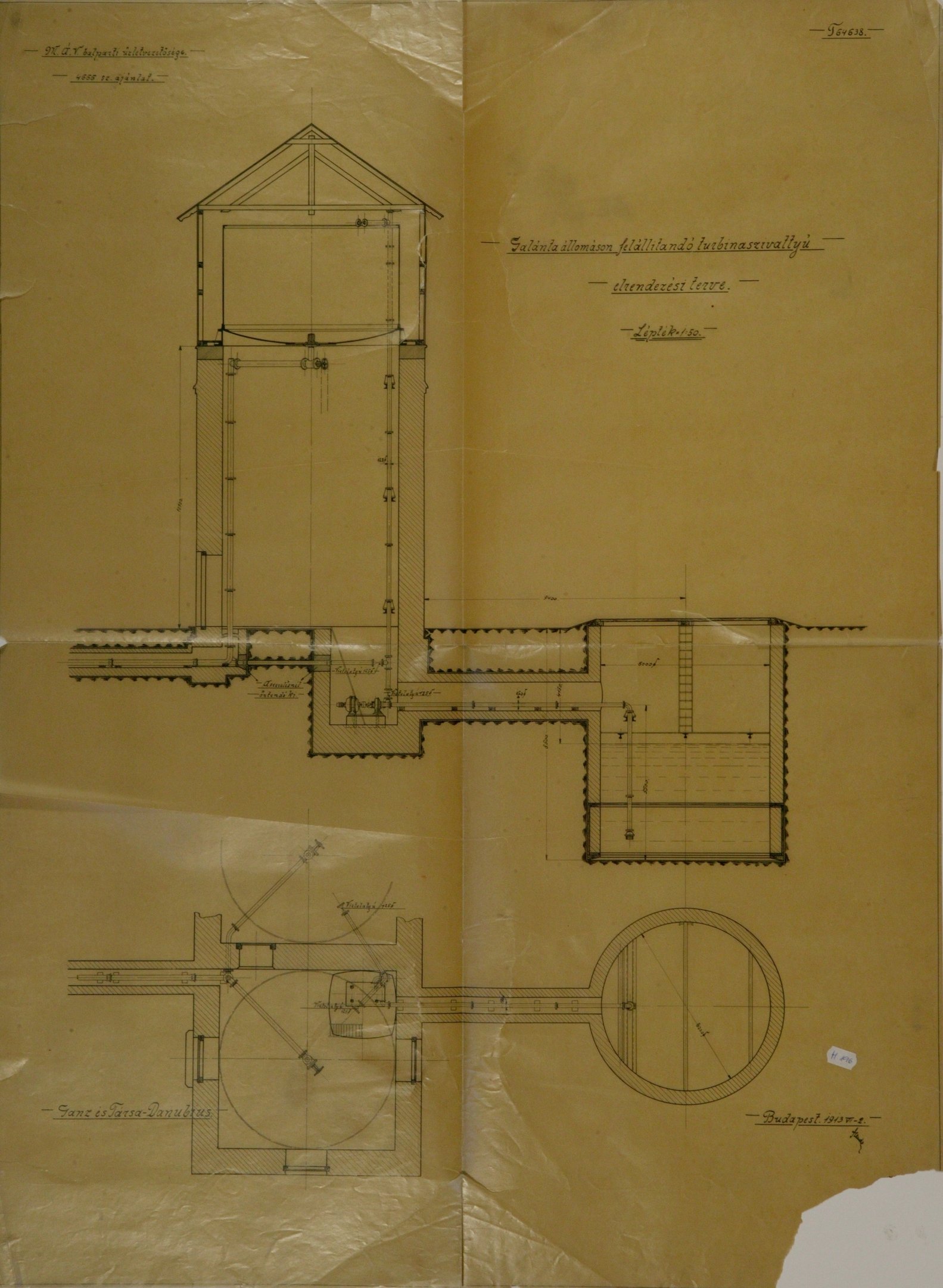A galántai vasútállomáson létesítendő turbinaszivattyú elrendezési terve (Magyar Környezetvédelmi és Vízügyi Múzeum - Duna Múzeum CC BY-NC-SA)