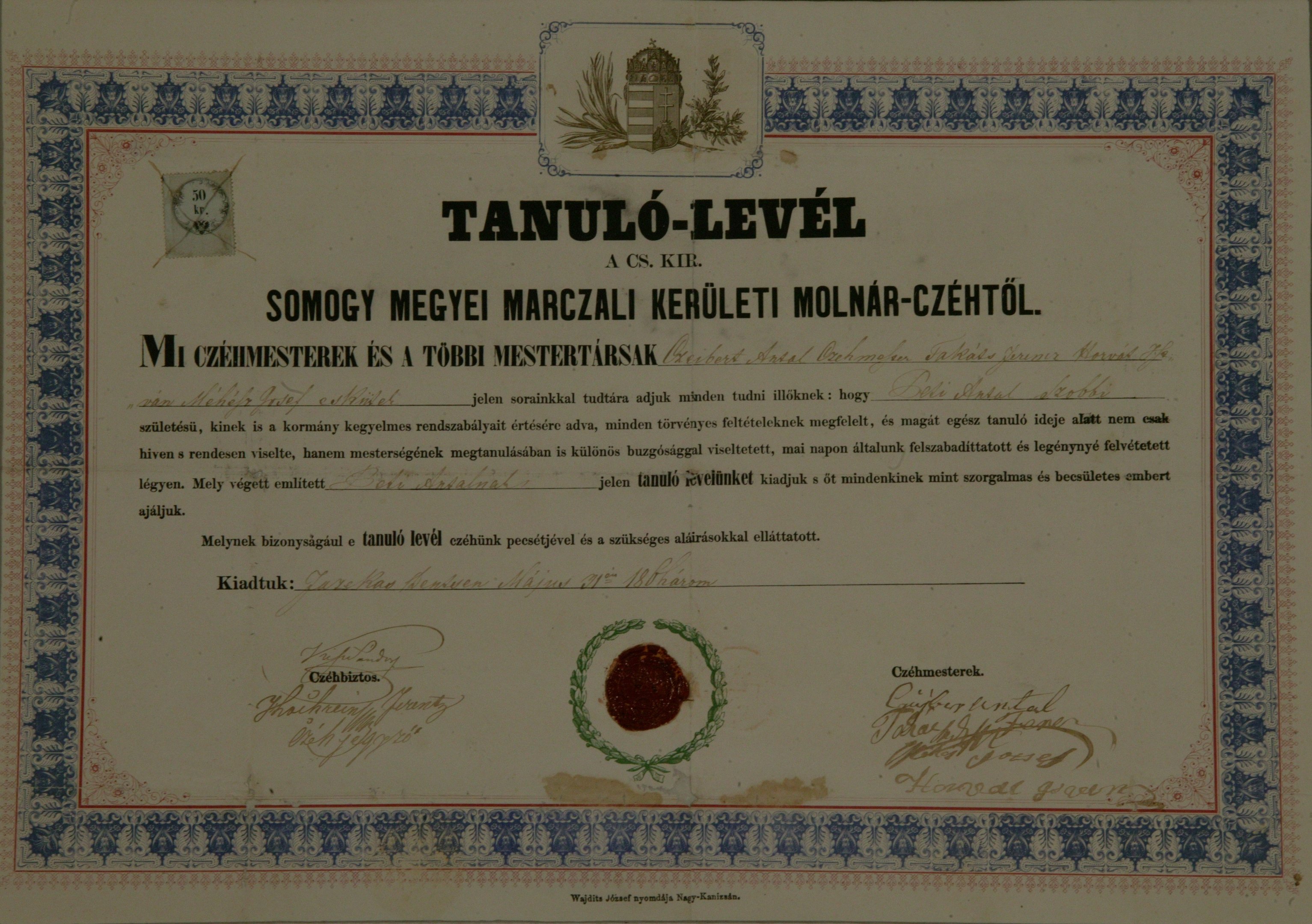 A Somogy megyei Marczali kerületi molnárcéh által kiállított tanulólevél Peti Antal részére (Magyar Környezetvédelmi és Vízügyi Múzeum - Duna Múzeum CC BY-NC-SA)