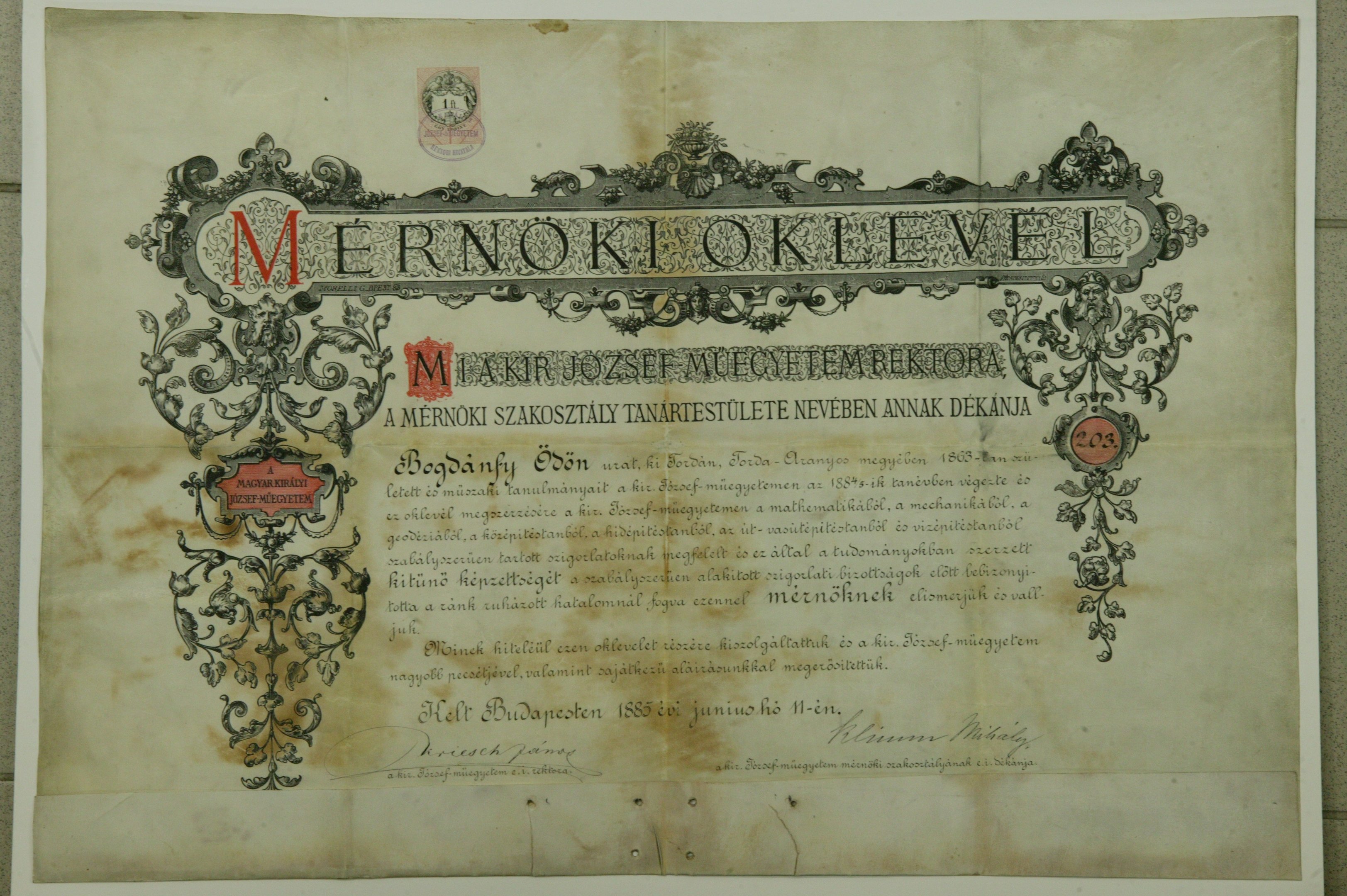 Bogdánfy Ödön mérnöki oklevele (Magyar Környezetvédelmi és Vízügyi Múzeum - Duna Múzeum CC BY-NC-SA)