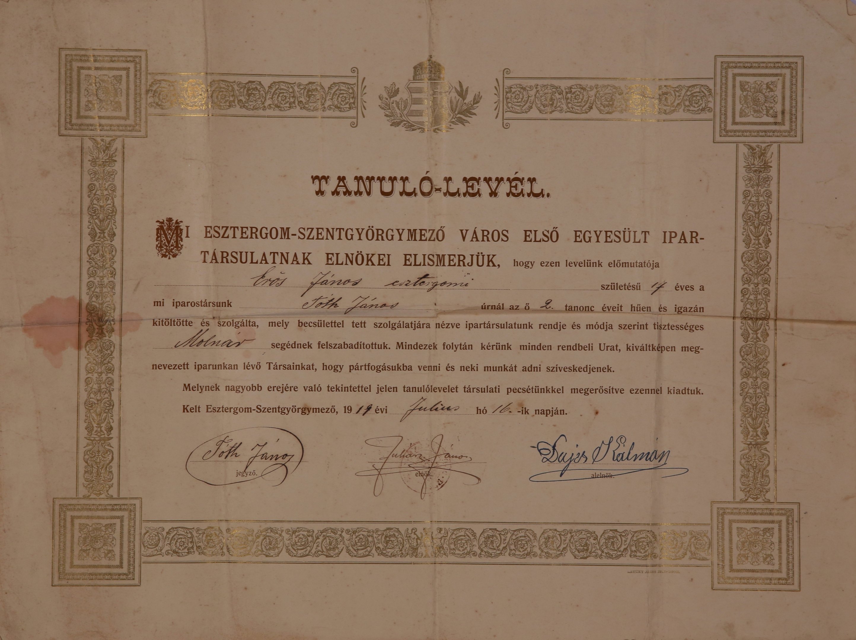 Erős János molnár segéd nevére kiállított tanuló-levél (Magyar Környezetvédelmi és Vízügyi Múzeum - Duna Múzeum CC BY-NC-SA)