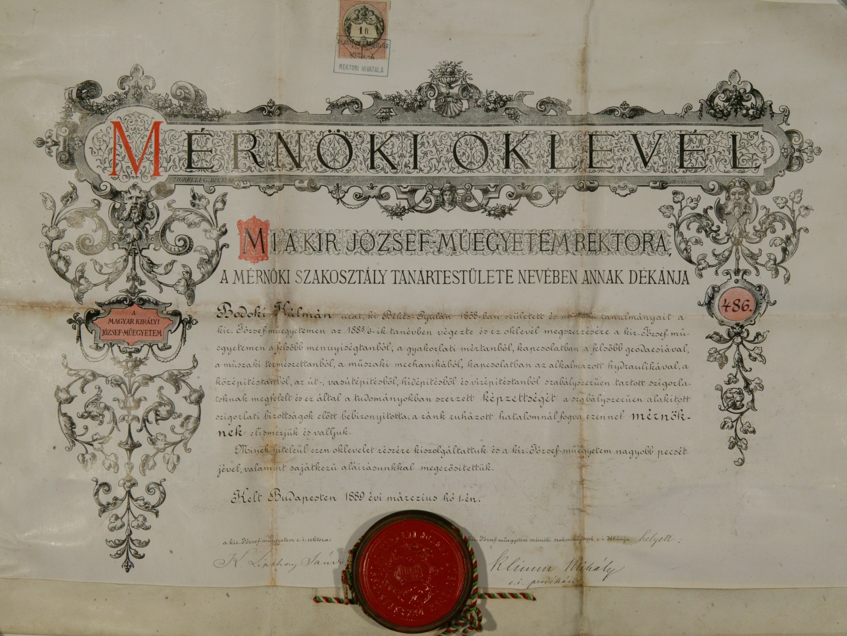 Bodoki Kálmán mérnöki oklevele (Magyar Környezetvédelmi és Vízügyi Múzeum - Duna Múzeum CC BY-NC-SA)