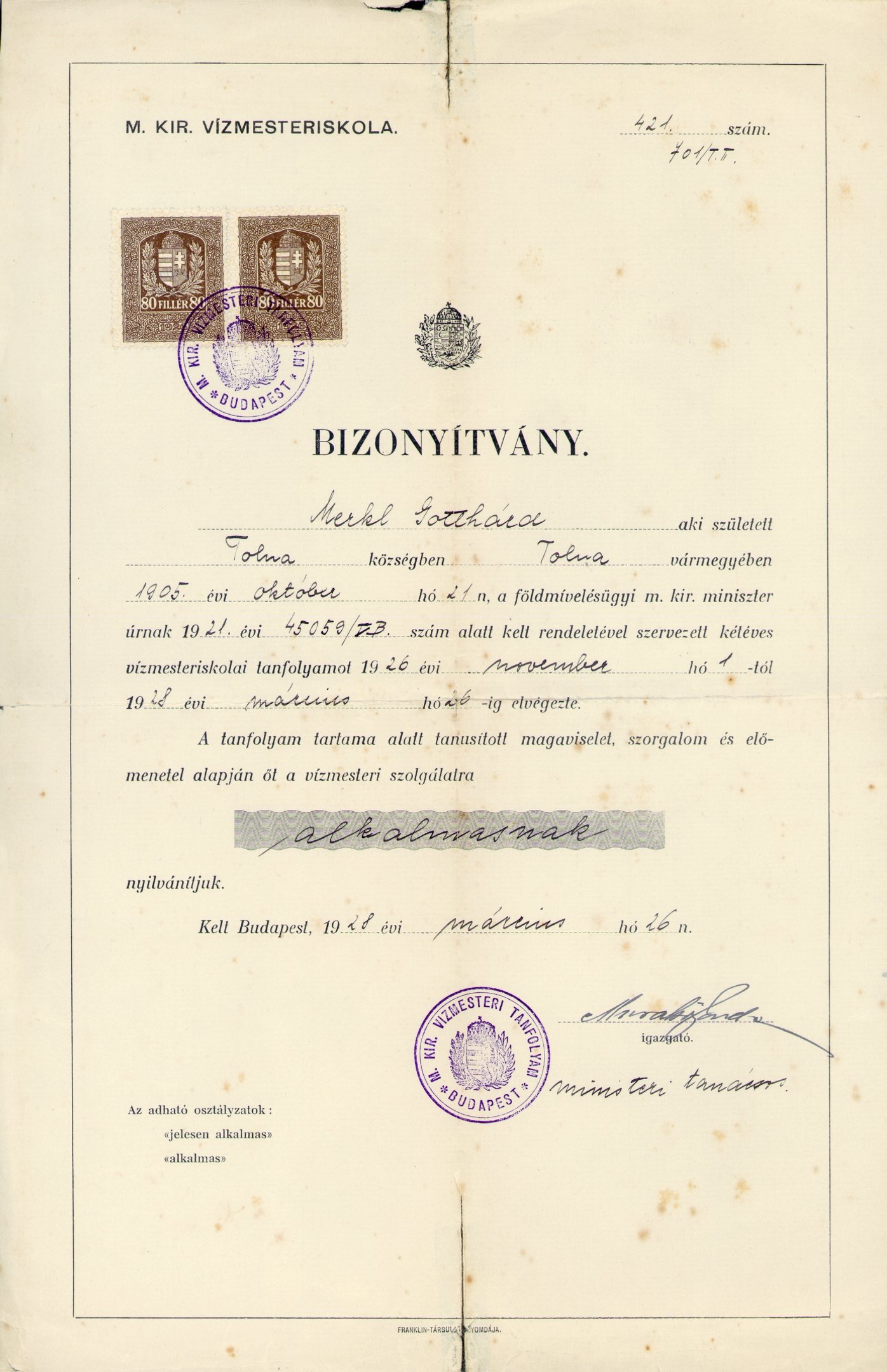 Merkl Gotthárd vízmesteri bizonyítványa, 1928 (Magyar Környezetvédelmi és Vízügyi Múzeum - Duna Múzeum CC BY-NC-SA)