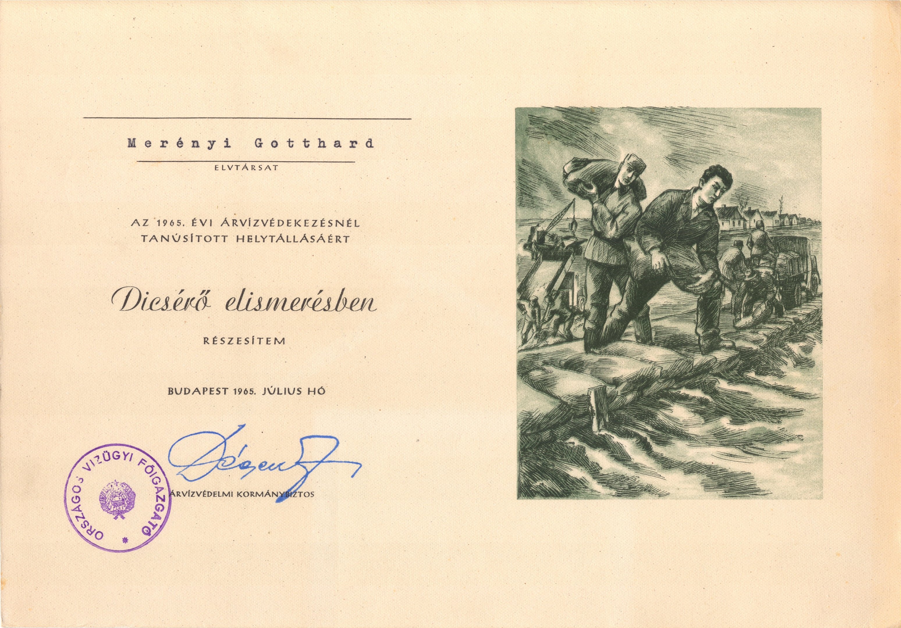 Dícsérő elismerés Merényi Gotthárd részére, 1965 (Magyar Környezetvédelmi és Vízügyi Múzeum - Duna Múzeum CC BY-NC-SA)