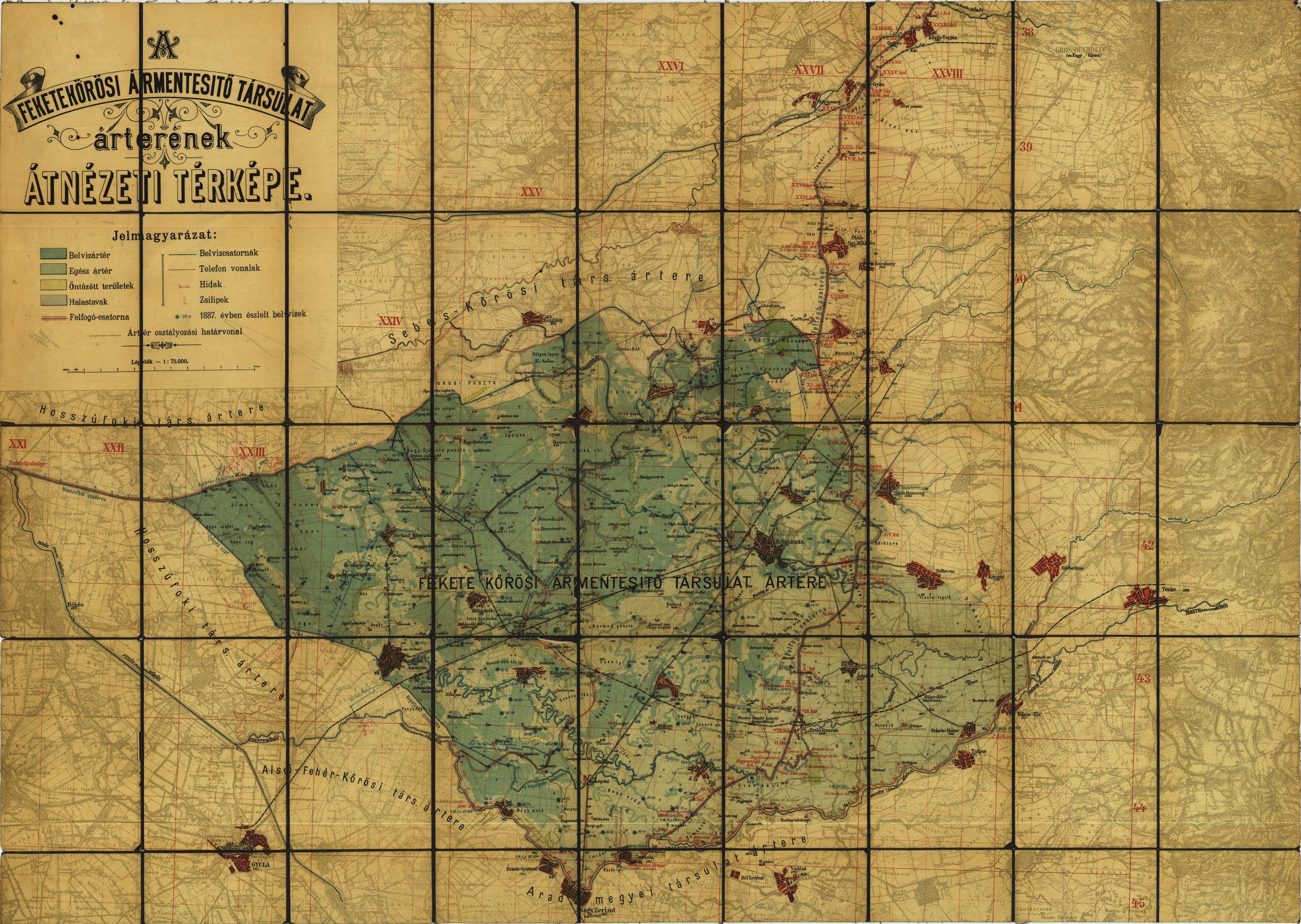 A Feketekörösi Ármentesítő Társulat árterének átnézeti térképe (Magyar Környezetvédelmi és Vízügyi Múzeum - Duna Múzeum CC BY-NC-SA)