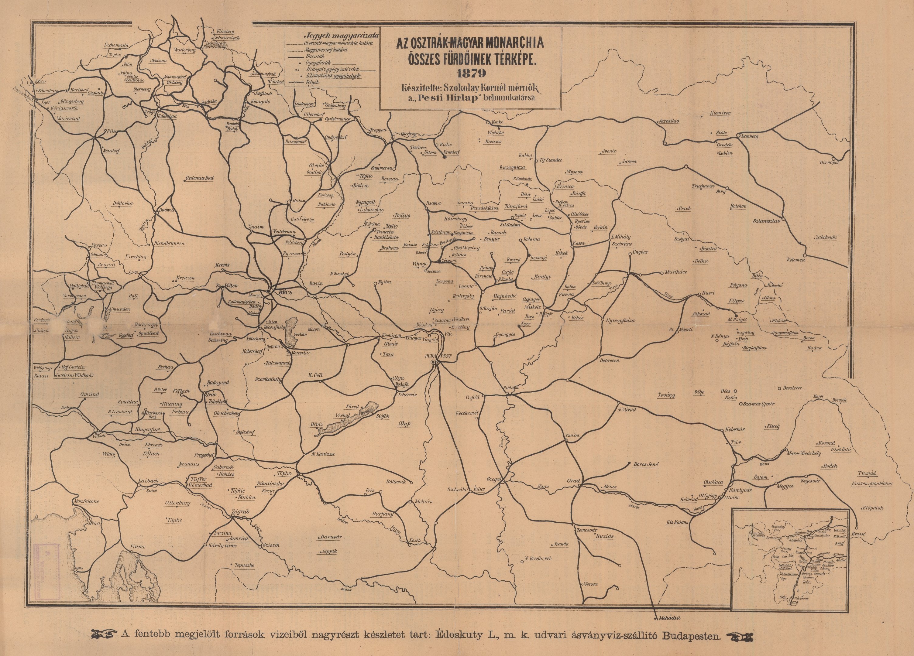Az Osztrák-Magyar Monarchia összes fürdőinek térképe, 1879 (Magyar Környezetvédelmi és Vízügyi Múzeum - Duna Múzeum CC BY-NC-SA)