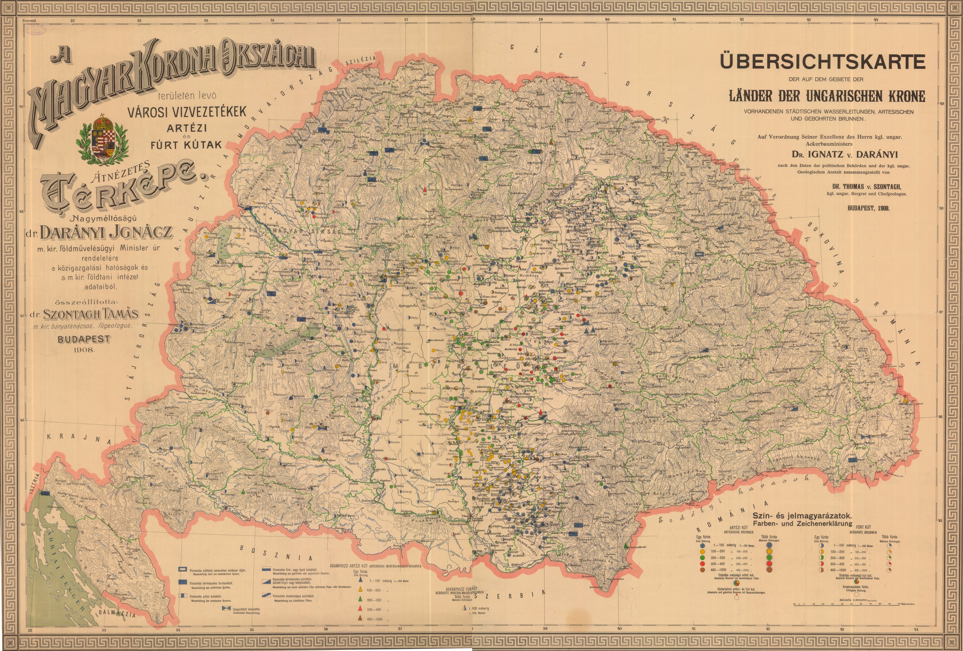 A Magyar Korona országai területén lévő városi vízvezetékek, artézi és fúrt kutak átnézetes térképe (Magyar Környezetvédelmi és Vízügyi Múzeum - Duna Múzeum CC BY-NC-SA)
