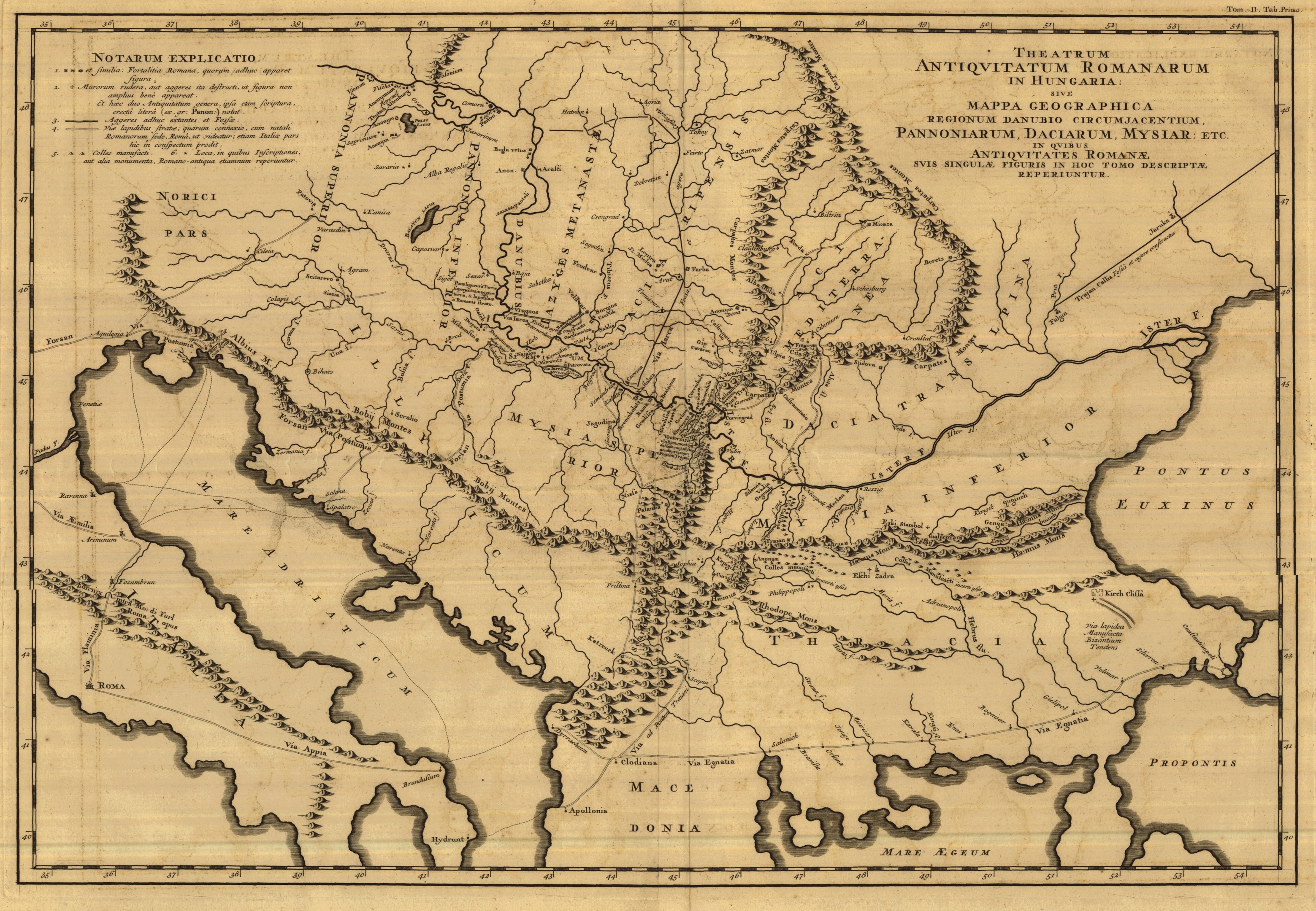 A Magyarországon található római régiségek helyét feltüntető geográfiai térkép, 1726 (Magyar Környezetvédelmi és Vízügyi Múzeum - Duna Múzeum CC BY-NC-SA)