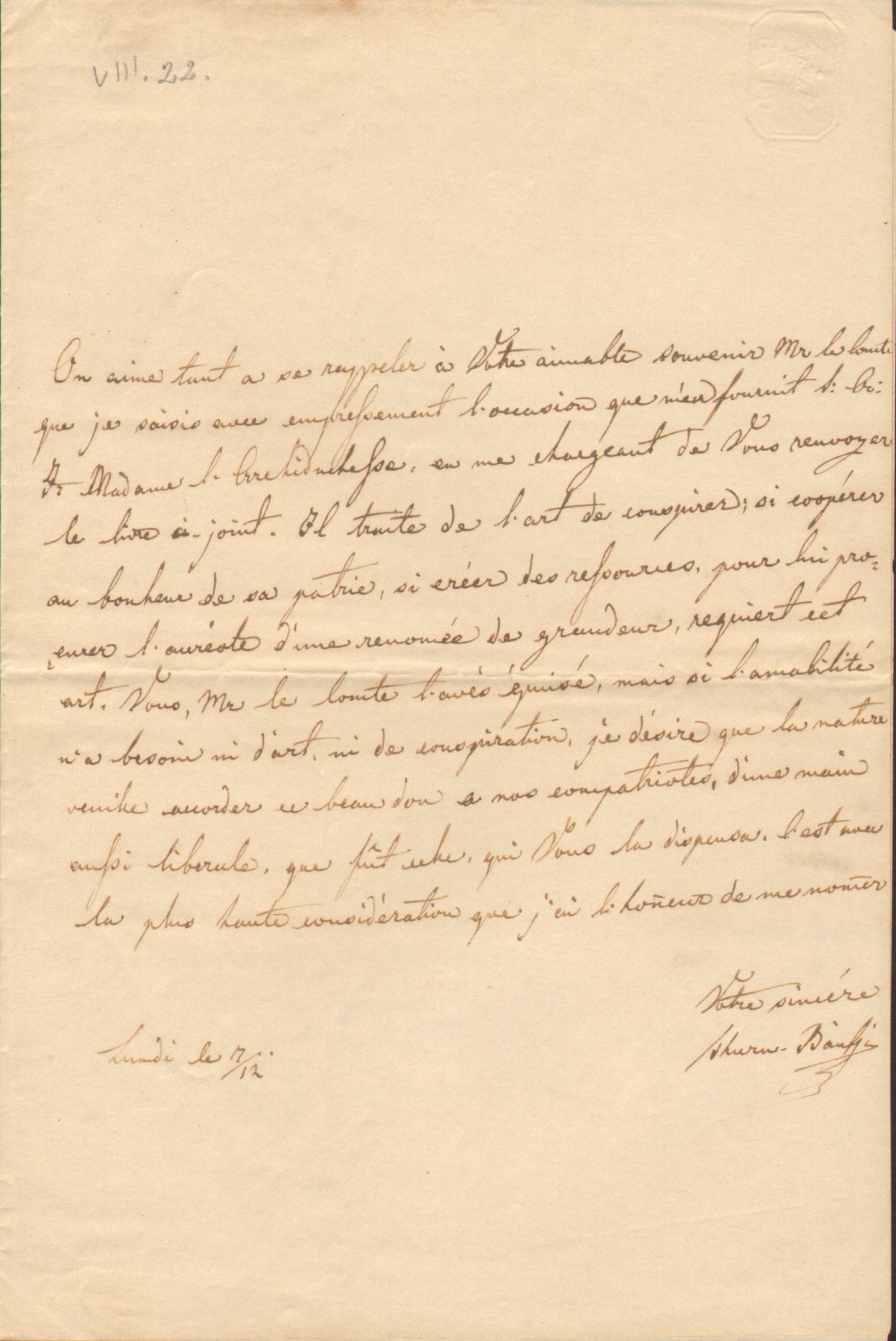 Bánffy levele Széchenyi Istvánhoz (Magyar Környezetvédelmi és Vízügyi Múzeum - Duna Múzeum CC BY-NC-SA)