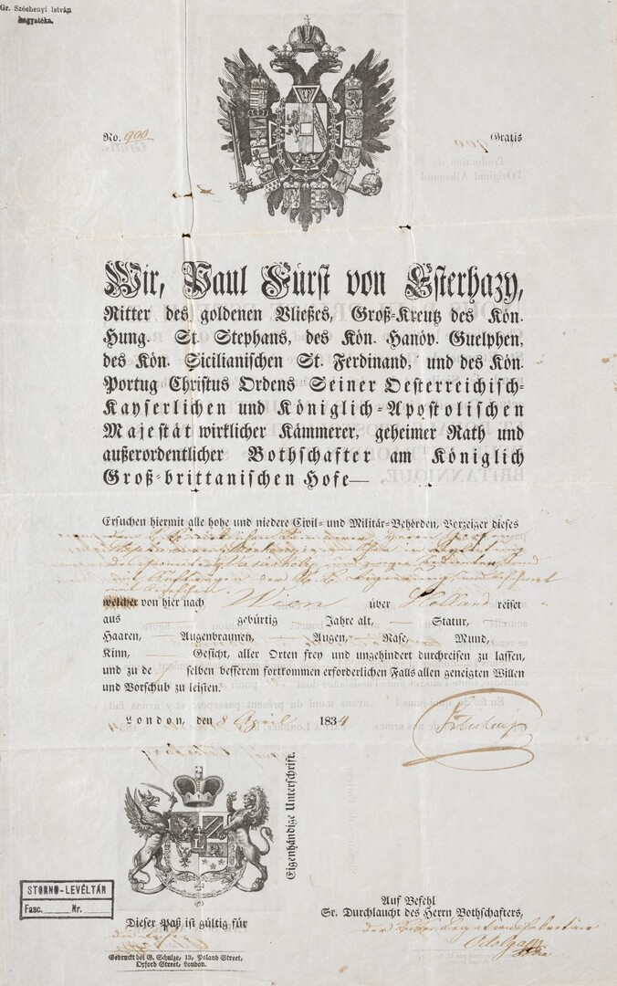 Széchenyi István útlevele (Magyar Környezetvédelmi és Vízügyi Múzeum - Duna Múzeum CC BY-NC-SA)