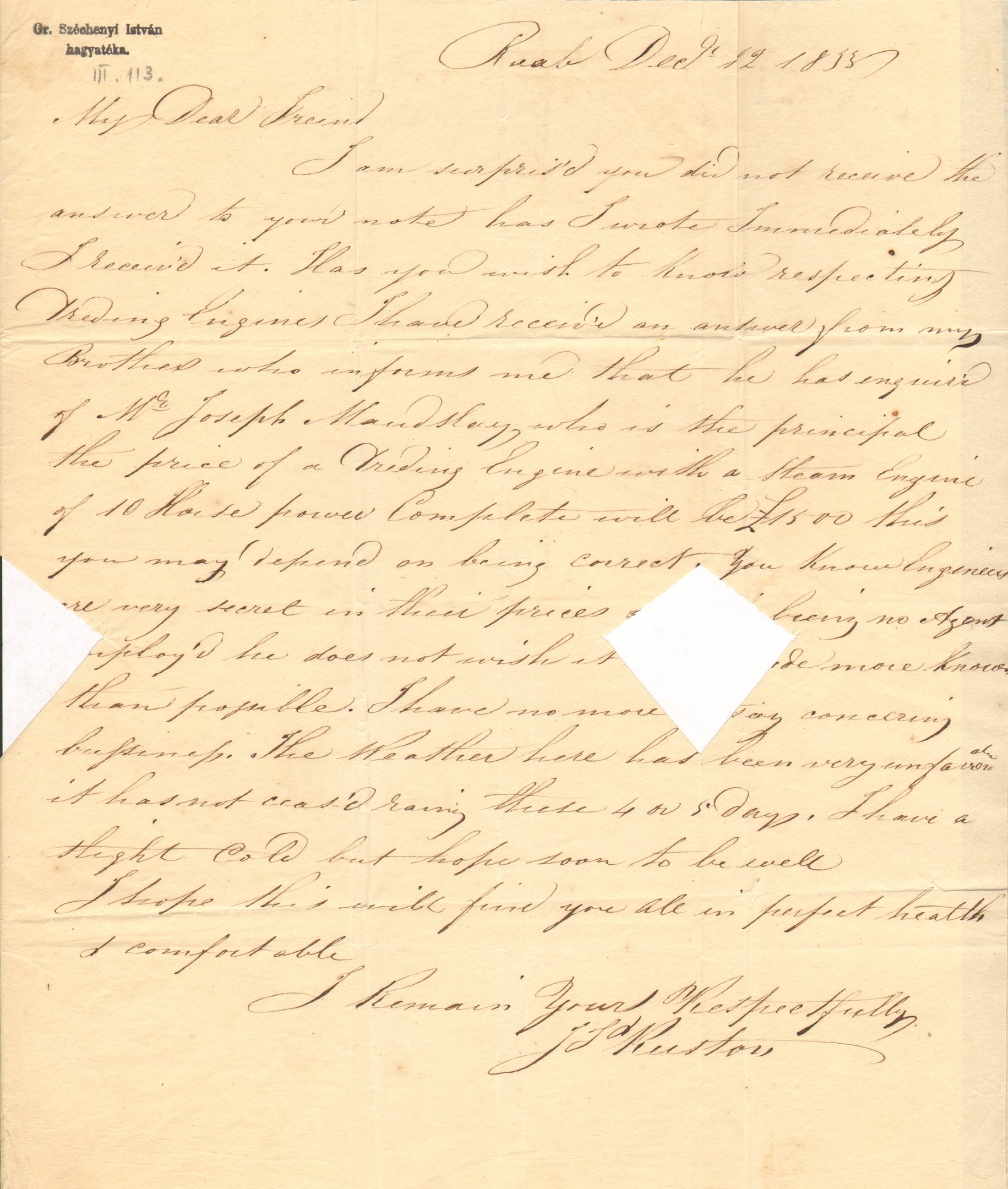 J.J. Kurton levele J. Andrewshez (Magyar Környezetvédelmi és Vízügyi Múzeum - Duna Múzeum CC BY-NC-SA)