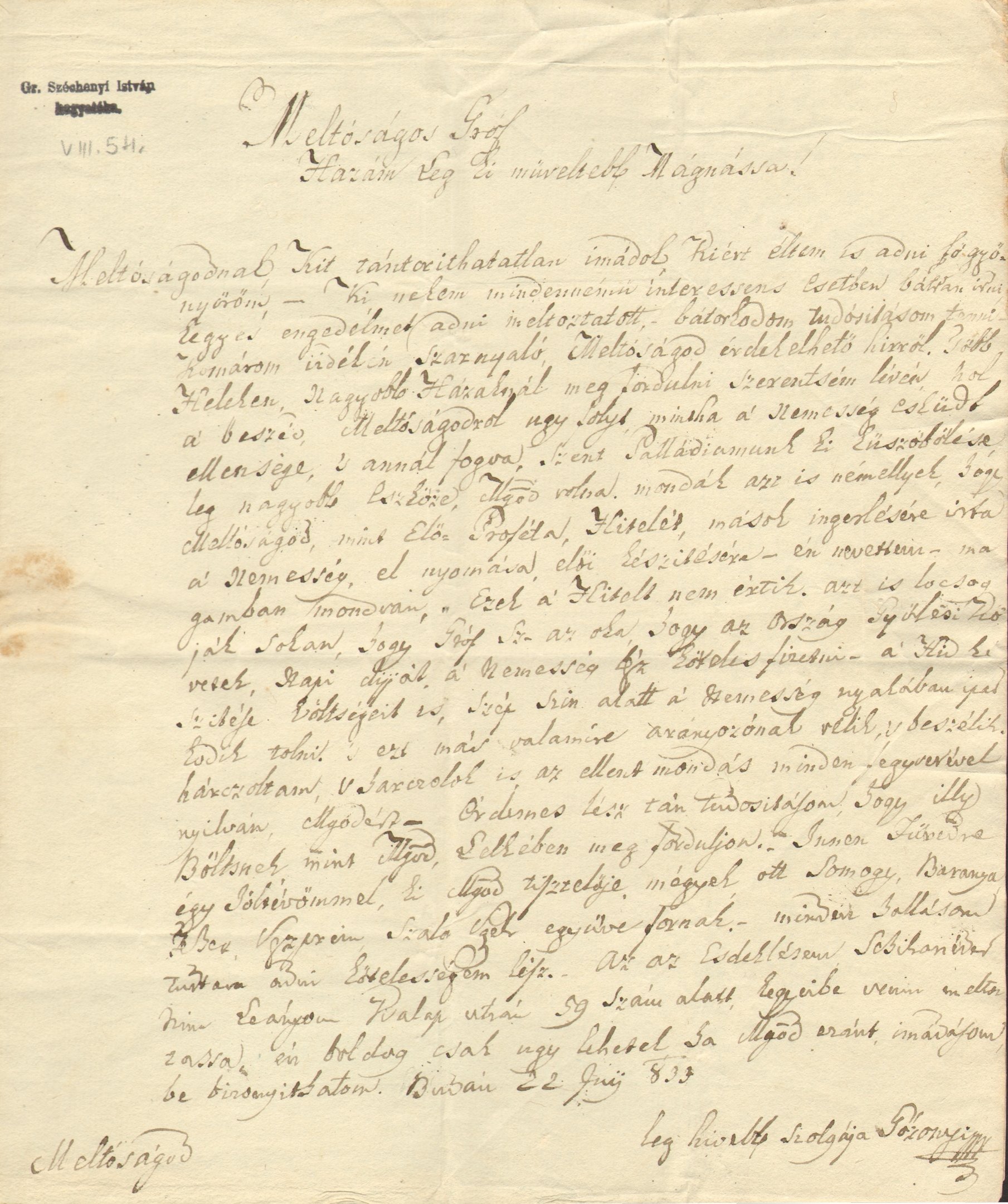 Gózonyi József levele Széchenyi Istvánhoz (Magyar Környezetvédelmi és Vízügyi Múzeum - Duna Múzeum CC BY-NC-SA)