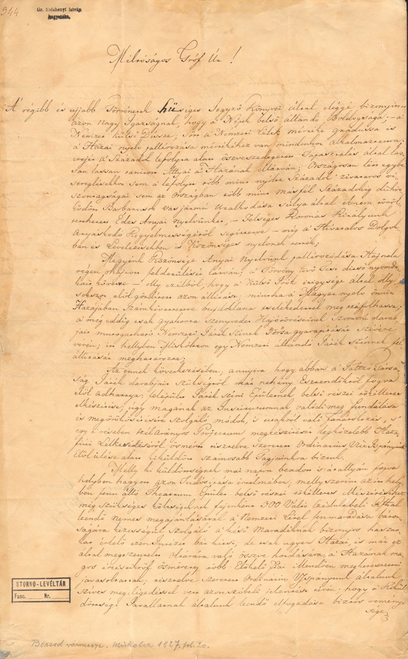 Borsod megye közönsége nevében írt levél Széchenyi Istvánhoz (Magyar Környezetvédelmi és Vízügyi Múzeum - Duna Múzeum CC BY-NC-SA)