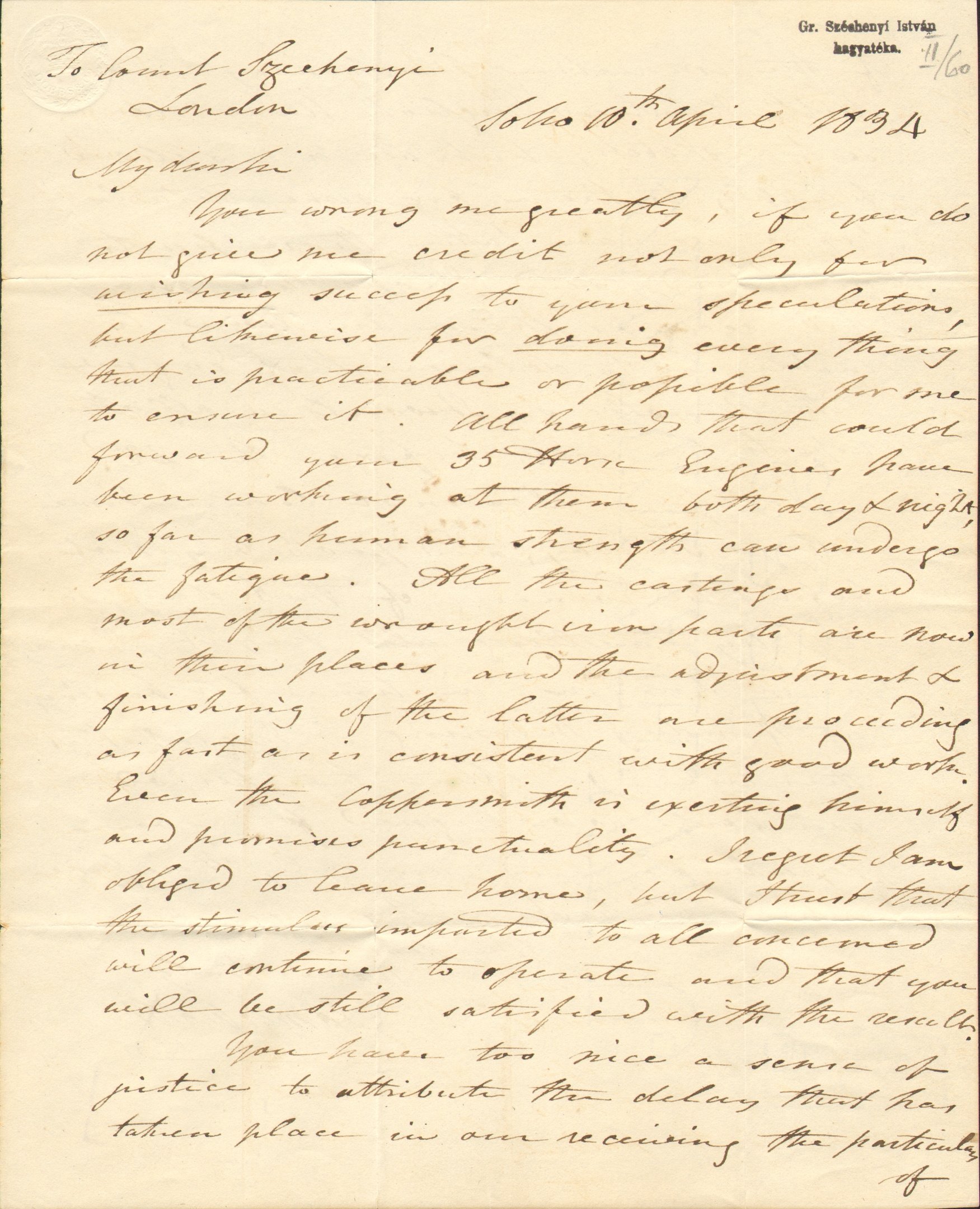 James Watt levele Széchenyi Istvánhoz (Magyar Környezetvédelmi és Vízügyi Múzeum - Duna Múzeum CC BY-NC-SA)