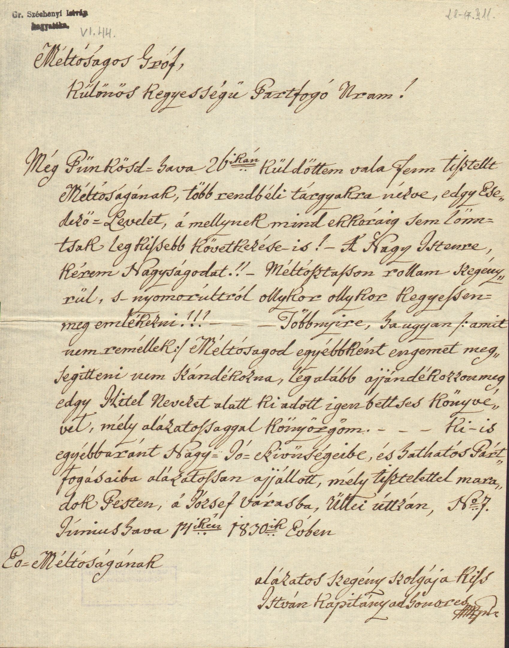 Kiss István levele Széchenyi Istvánhoz (Magyar Környezetvédelmi és Vízügyi Múzeum - Duna Múzeum CC BY-NC-SA)