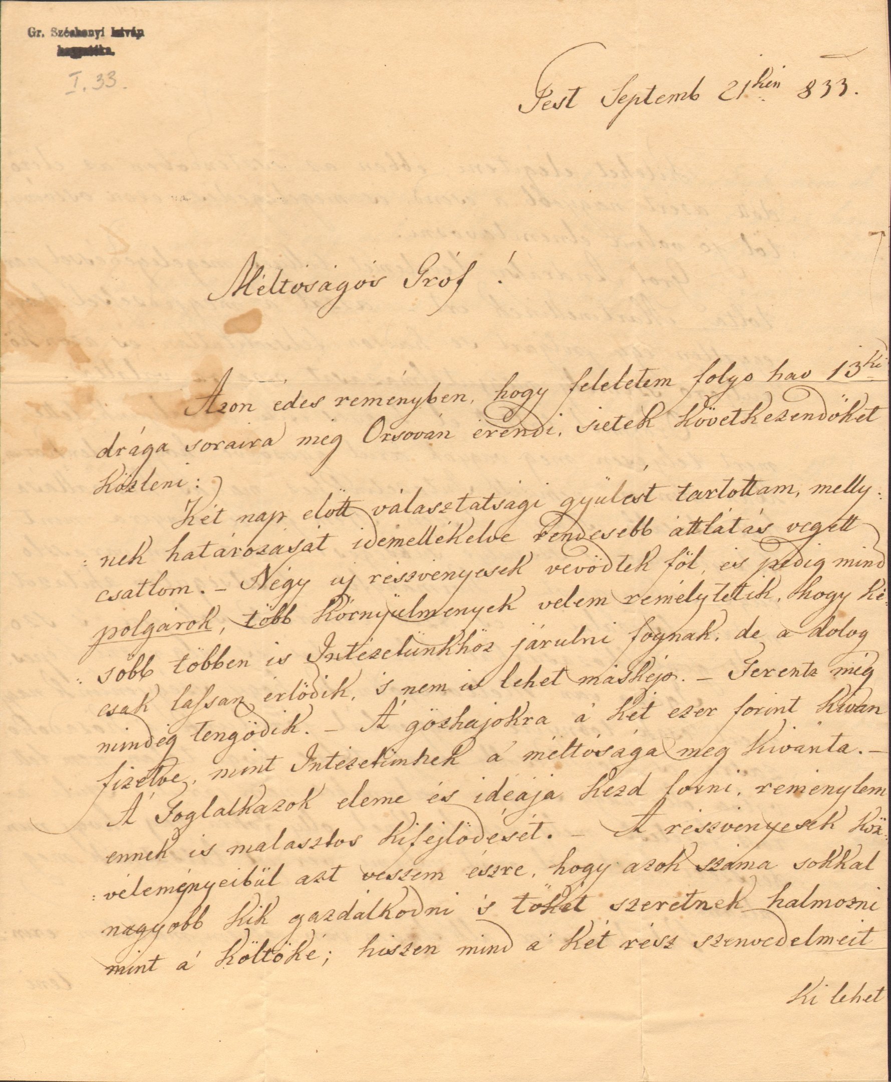Pregardt János levele Széchenyi Istvánhoz (Magyar Környezetvédelmi és Vízügyi Múzeum - Duna Múzeum CC BY-NC-SA)