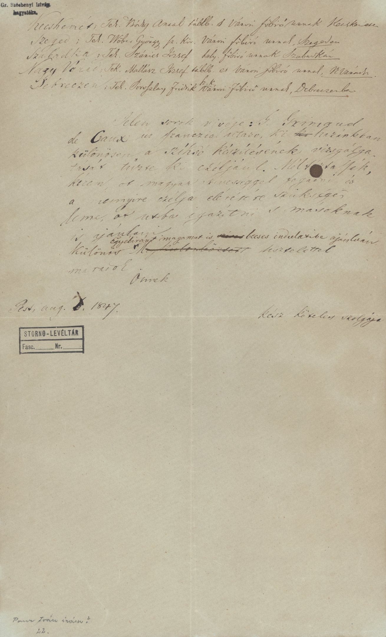 Széchenyi István Grimand de Caux, francia utazó számára írt ajánló levelének fogalmazványa (Magyar Környezetvédelmi és Vízügyi Múzeum - Duna Múzeum CC BY-NC-SA)