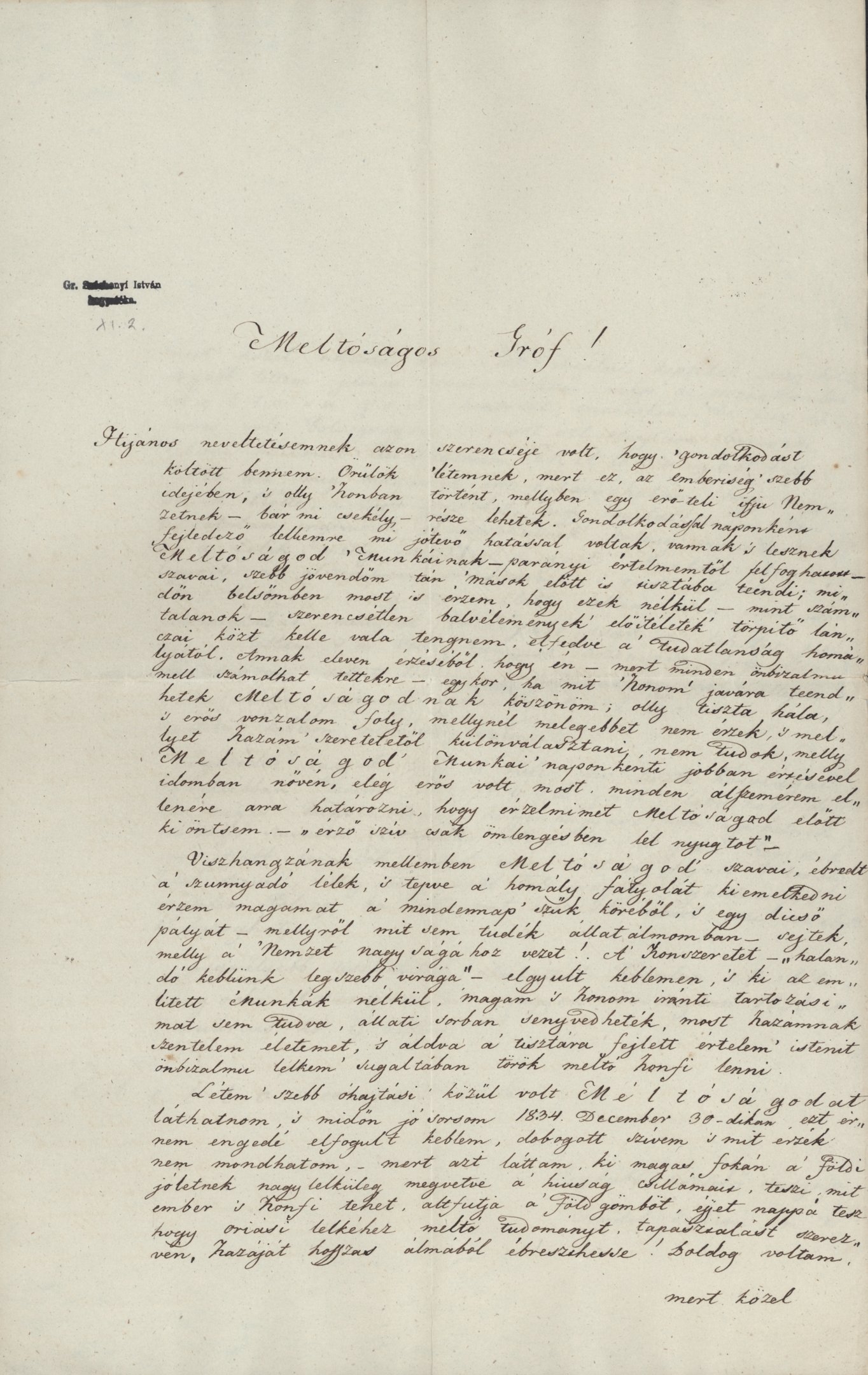 Gondol Gedeon levele Széchenyi Istvánhoz (Magyar Környezetvédelmi és Vízügyi Múzeum - Duna Múzeum CC BY-NC-SA)