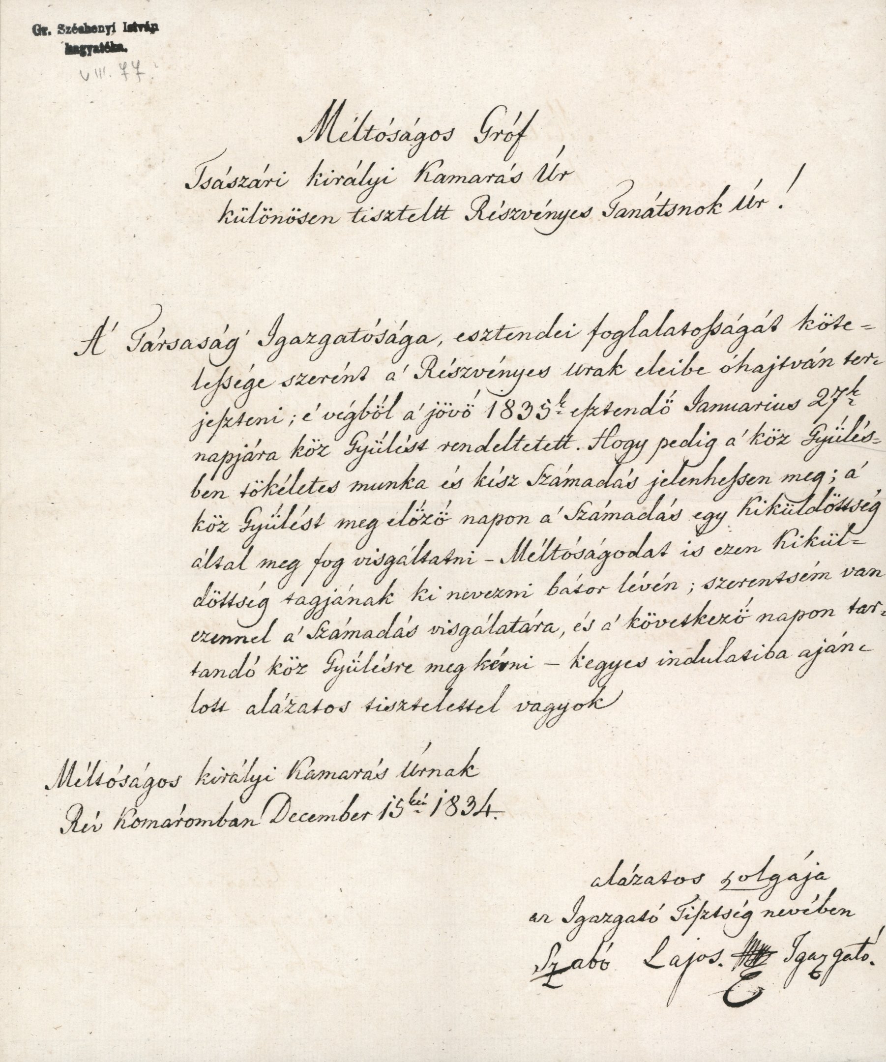 Szabó Lajos levele Széchenyi Istvánhoz (Magyar Környezetvédelmi és Vízügyi Múzeum - Duna Múzeum CC BY-NC-SA)