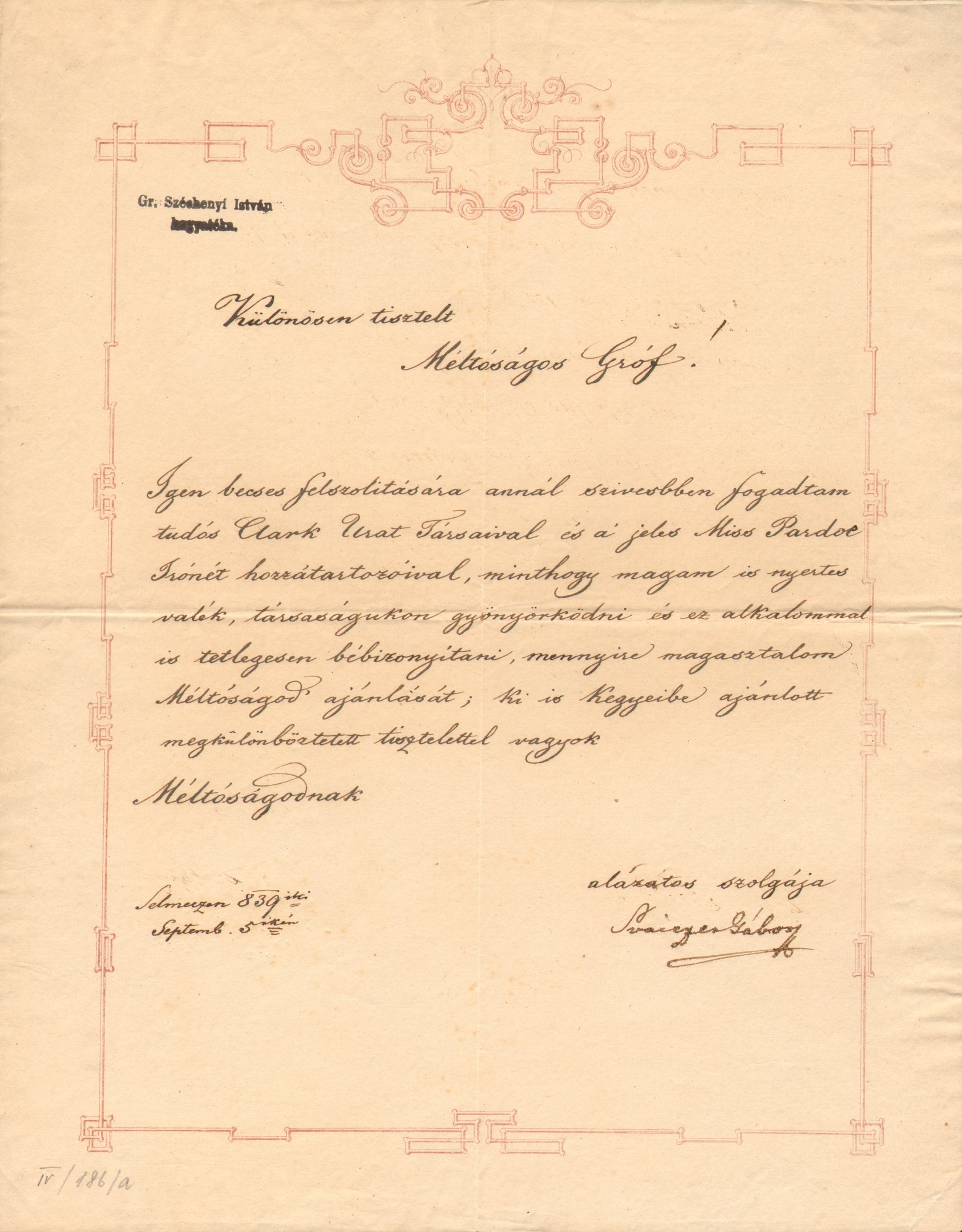 Svaiczer Gábor levele Széchenyi Istvánhoz (Magyar Környezetvédelmi és Vízügyi Múzeum - Duna Múzeum CC BY-NC-SA)
