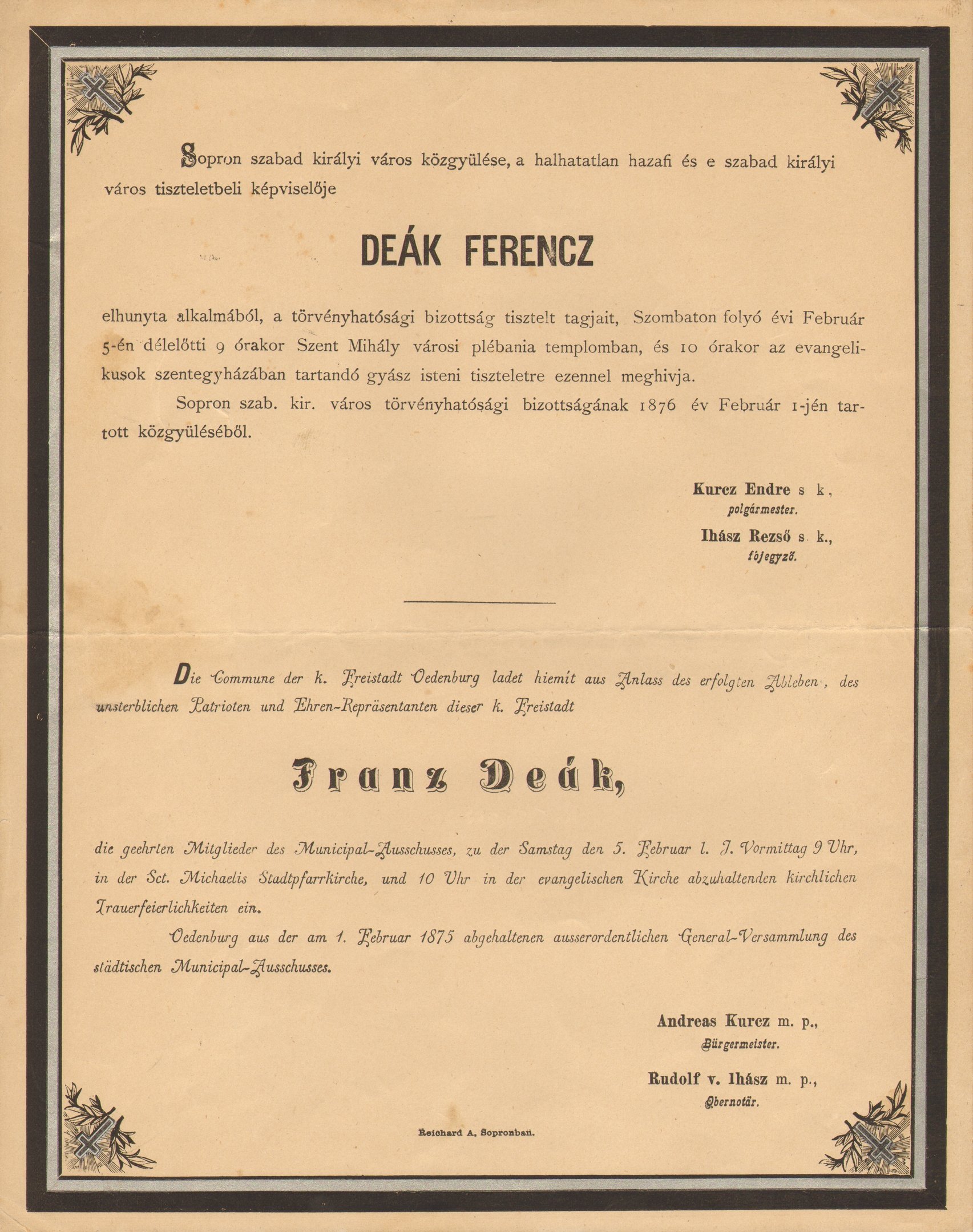 Deák Ferenc gyászjelentése (Magyar Környezetvédelmi és Vízügyi Múzeum - Duna Múzeum CC BY-NC-SA)