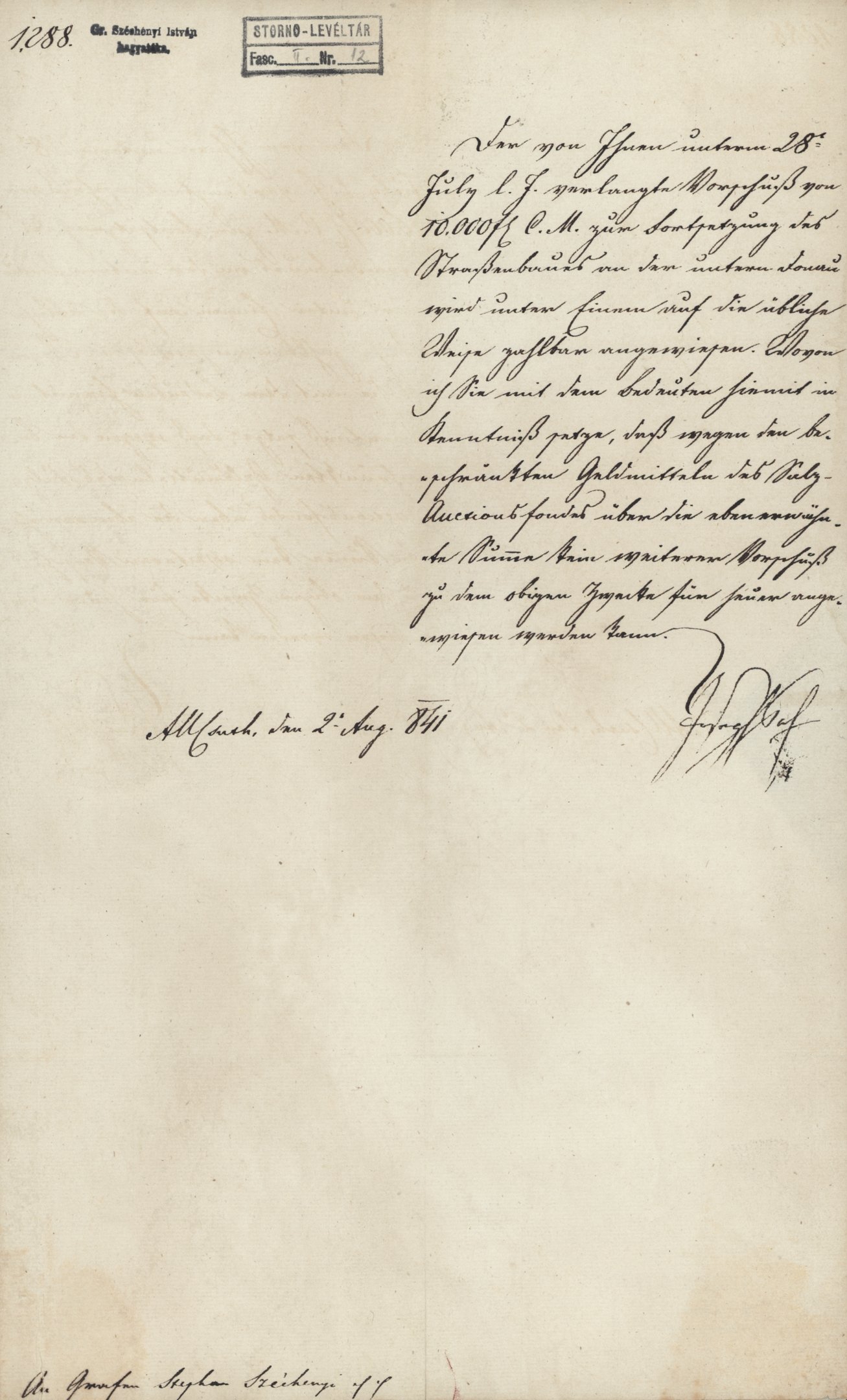 A Nádori Kancellária hivatalos levele Széchenyi Istvánnak (Magyar Környezetvédelmi és Vízügyi Múzeum - Duna Múzeum CC BY-NC-SA)