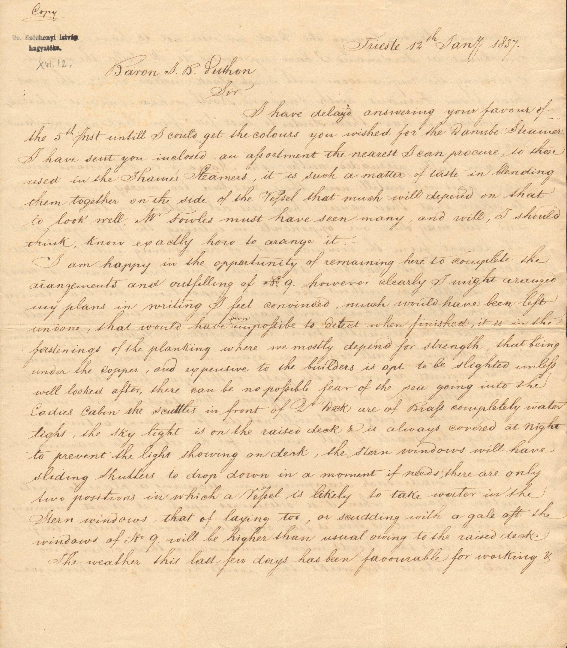 Benj. W. Ford br. J.B. Puthonhoz írt levele (Magyar Környezetvédelmi és Vízügyi Múzeum - Duna Múzeum CC BY-NC-SA)