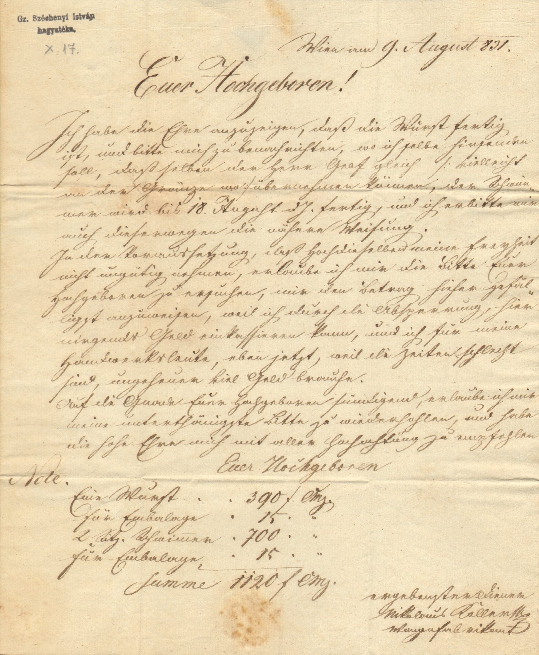Nikolaus Koller levele Széchenyi Istvánhoz (Magyar Környezetvédelmi és Vízügyi Múzeum - Duna Múzeum CC BY-NC-SA)
