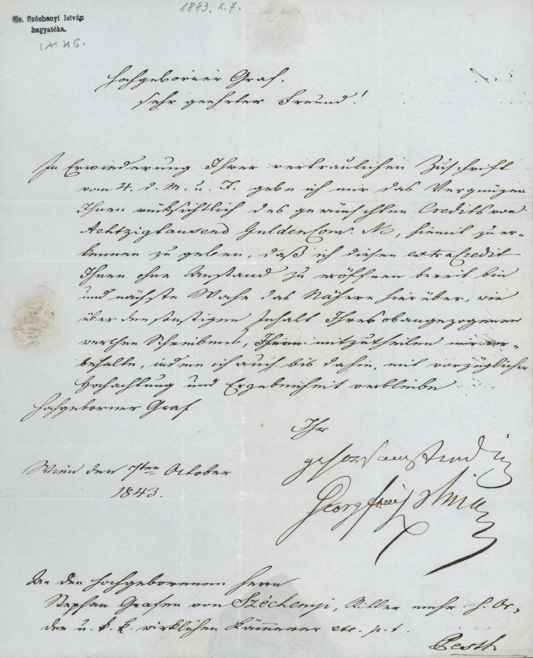 Br. Sina György levele Széchenyi Istvánhoz (Magyar Környezetvédelmi és Vízügyi Múzeum - Duna Múzeum CC BY-NC-SA)