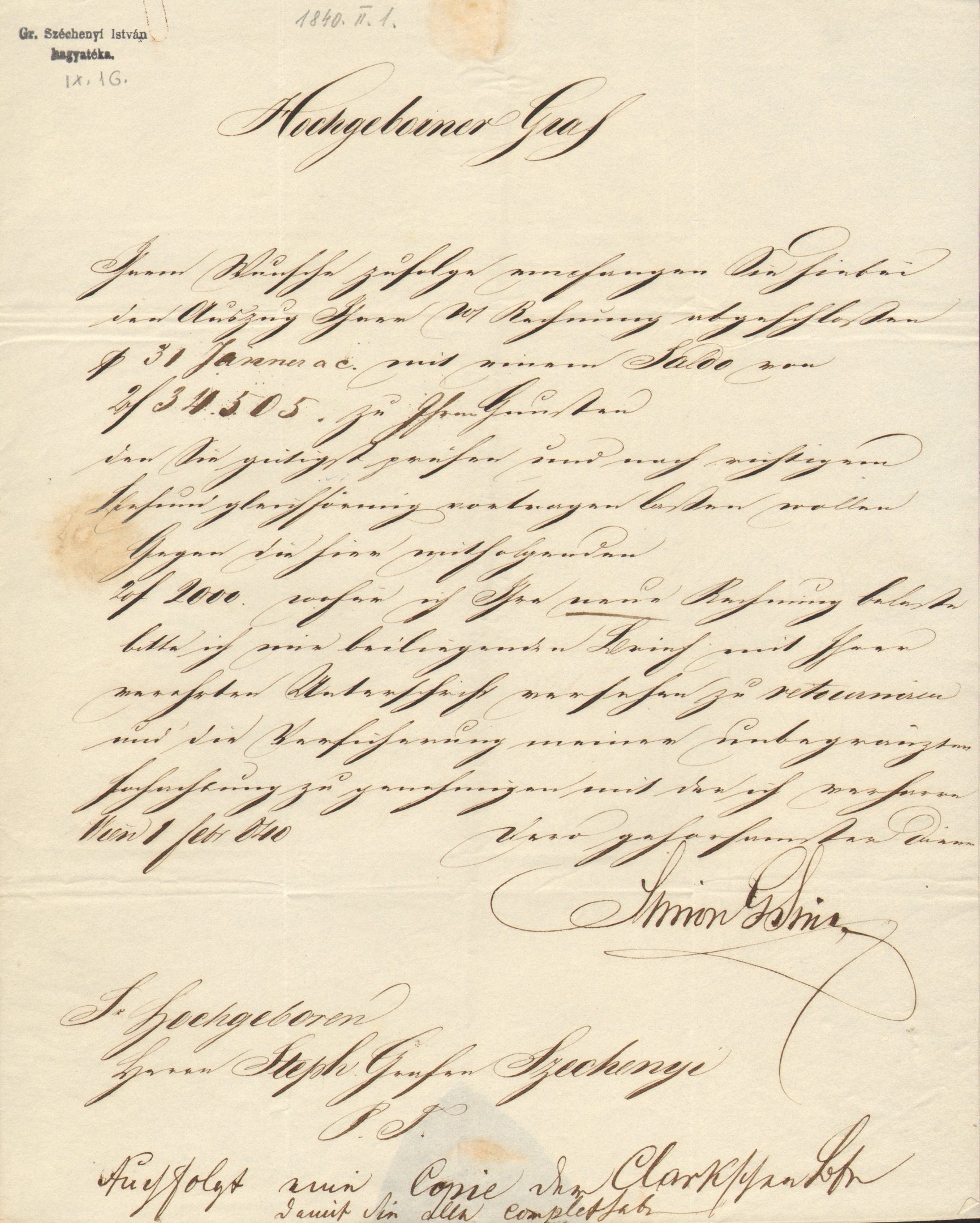 Br. Simon Sina levele Széchenyi Istvánhoz (Magyar Környezetvédelmi és Vízügyi Múzeum - Duna Múzeum CC BY-NC-SA)