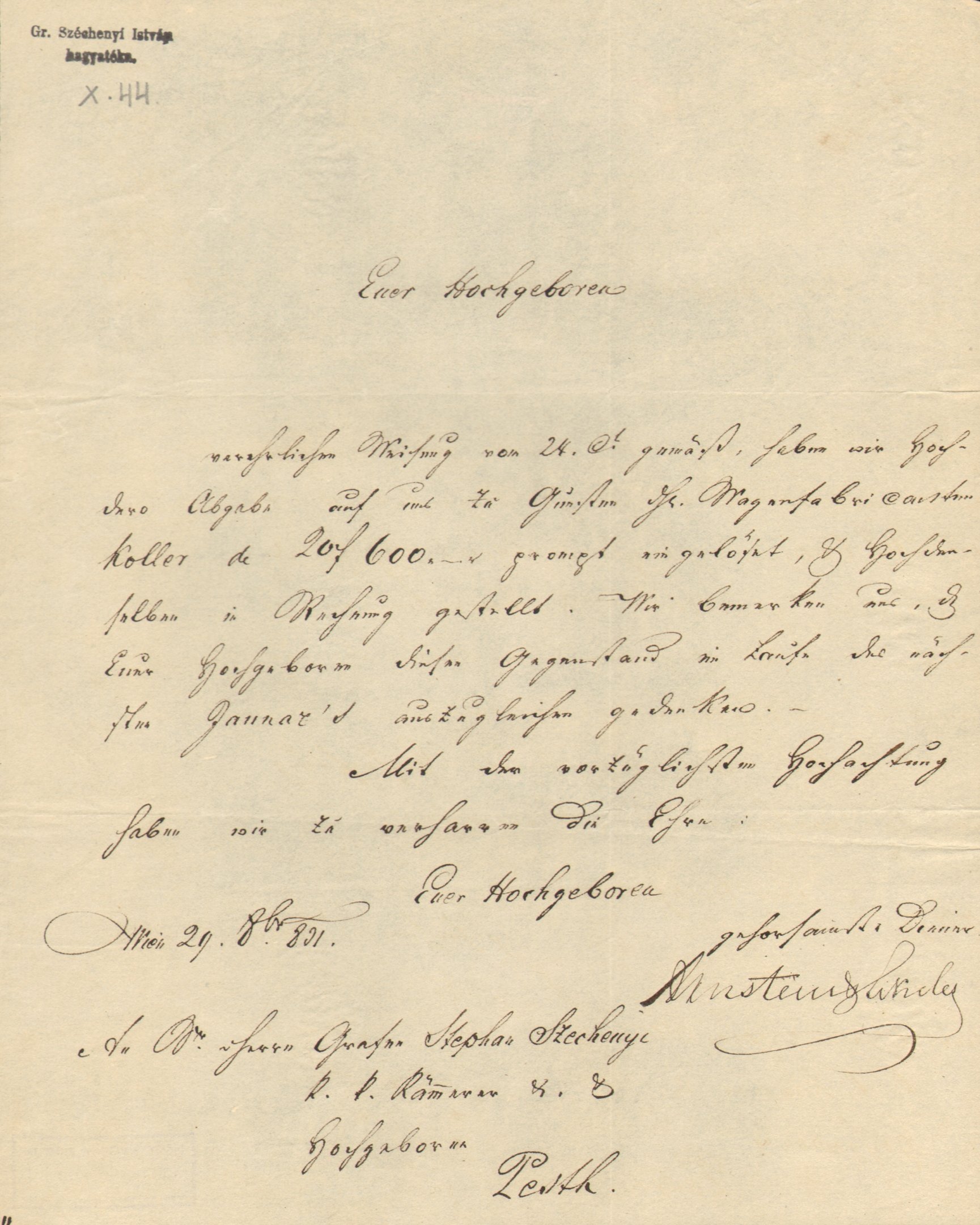 Br. Arnstein levele Széchenyi Istvánhoz (Magyar Környezetvédelmi és Vízügyi Múzeum - Duna Múzeum CC BY-NC-SA)