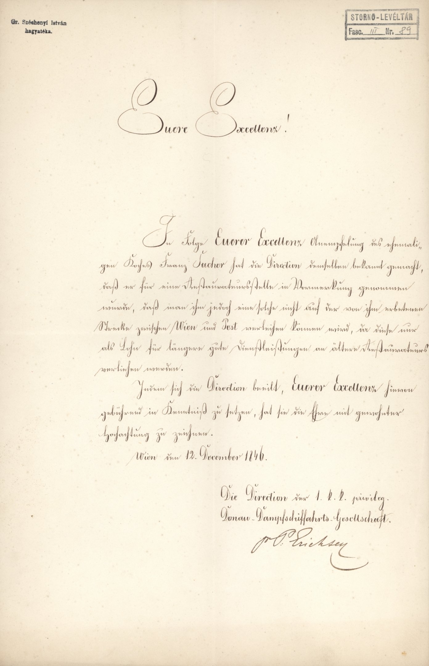 A DGT igazgatósága nevében Erichsen levele Széchenyi Istvánhoz (Magyar Környezetvédelmi és Vízügyi Múzeum - Duna Múzeum CC BY-NC-SA)