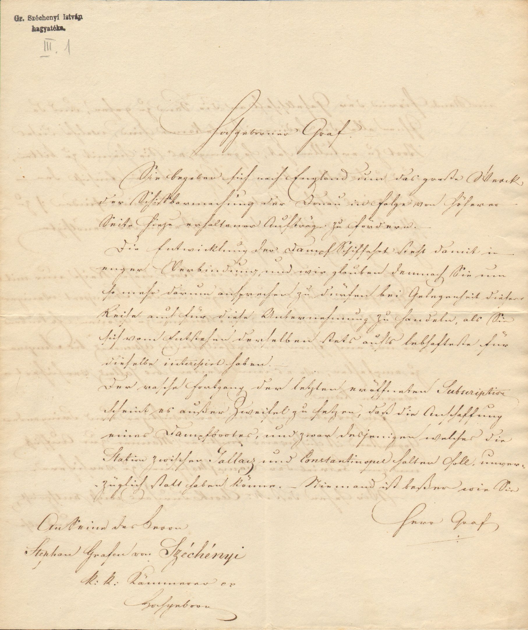 Johann Puthon báró levele Széchenyi Istvánhoz (Magyar Környezetvédelmi és Vízügyi Múzeum - Duna Múzeum CC BY-NC-SA)