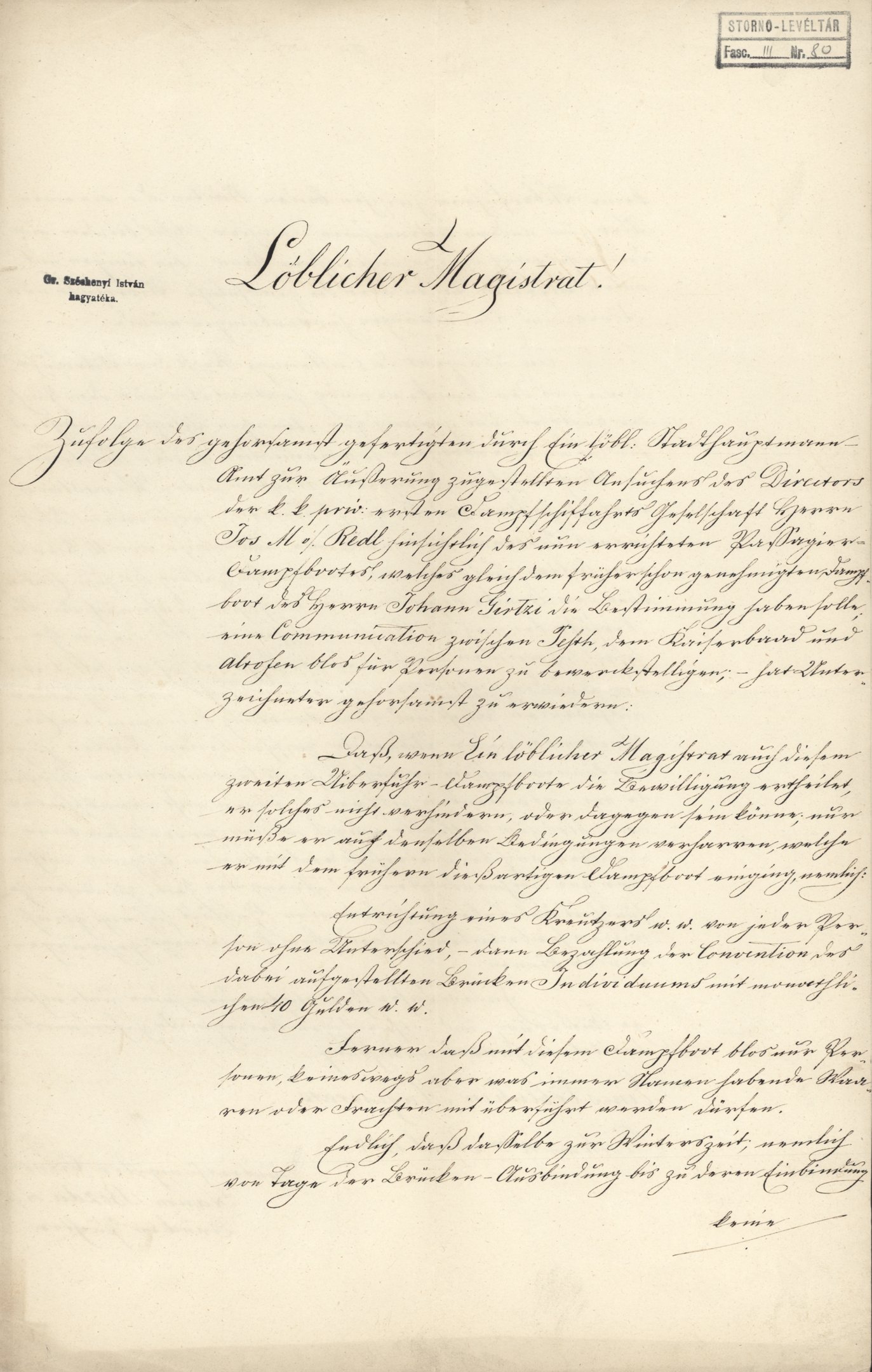 Voigt levele Széchenyi Istvánnak a DGT nevében (Magyar Környezetvédelmi és Vízügyi Múzeum - Duna Múzeum CC BY-NC-SA)
