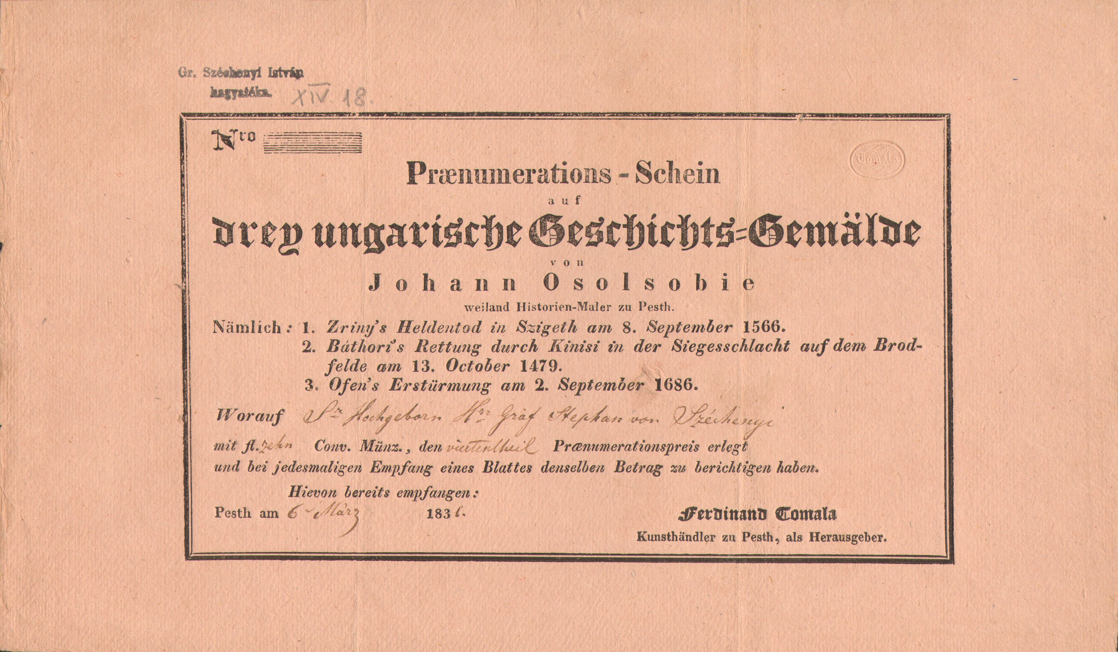 Ferdinand Tomala pesti műtárgykereskedő előfizetési nyugtája (Magyar Környezetvédelmi és Vízügyi Múzeum - Duna Múzeum CC BY-NC-SA)